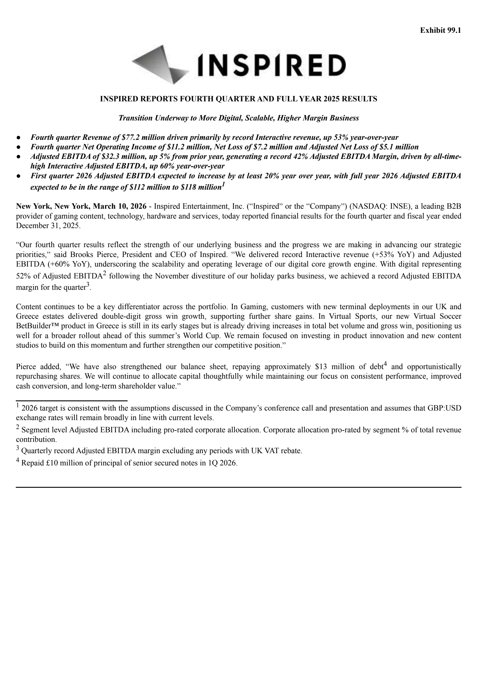 Inspired Entertainment's Q4 2025 Press Release