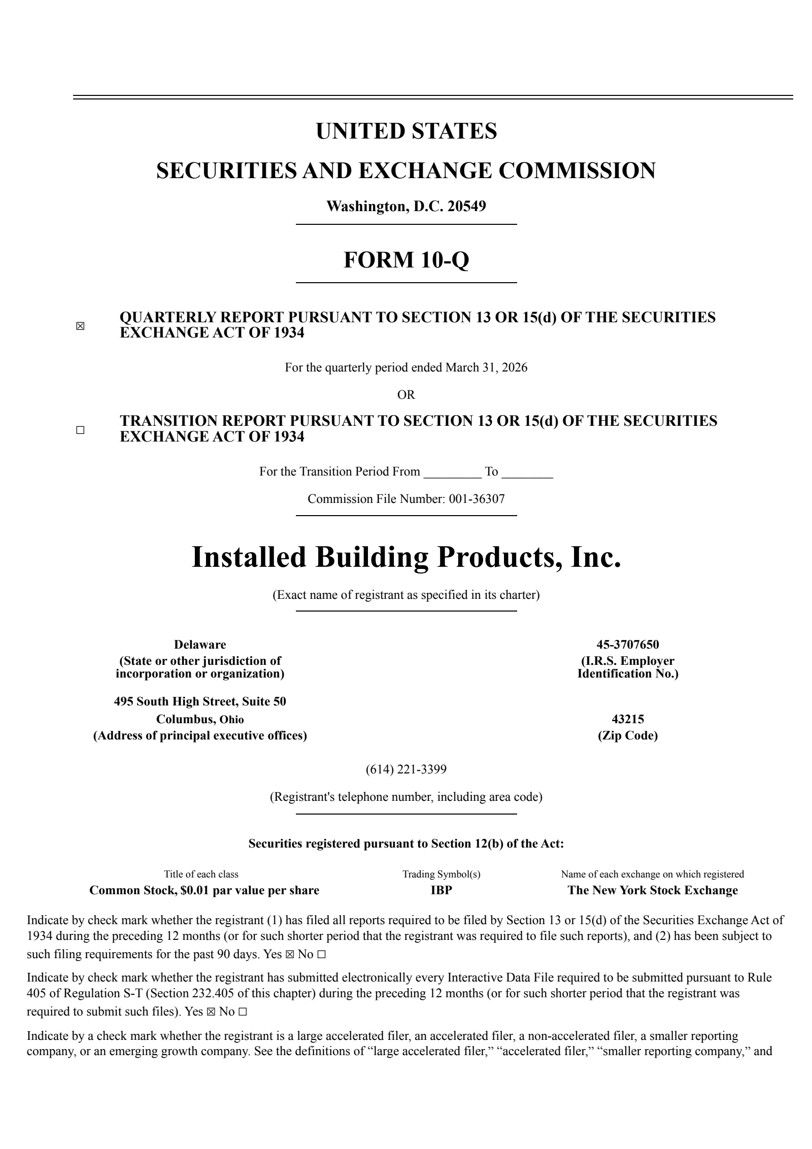 Installed Building Products' Q1 2026 Quarterly report