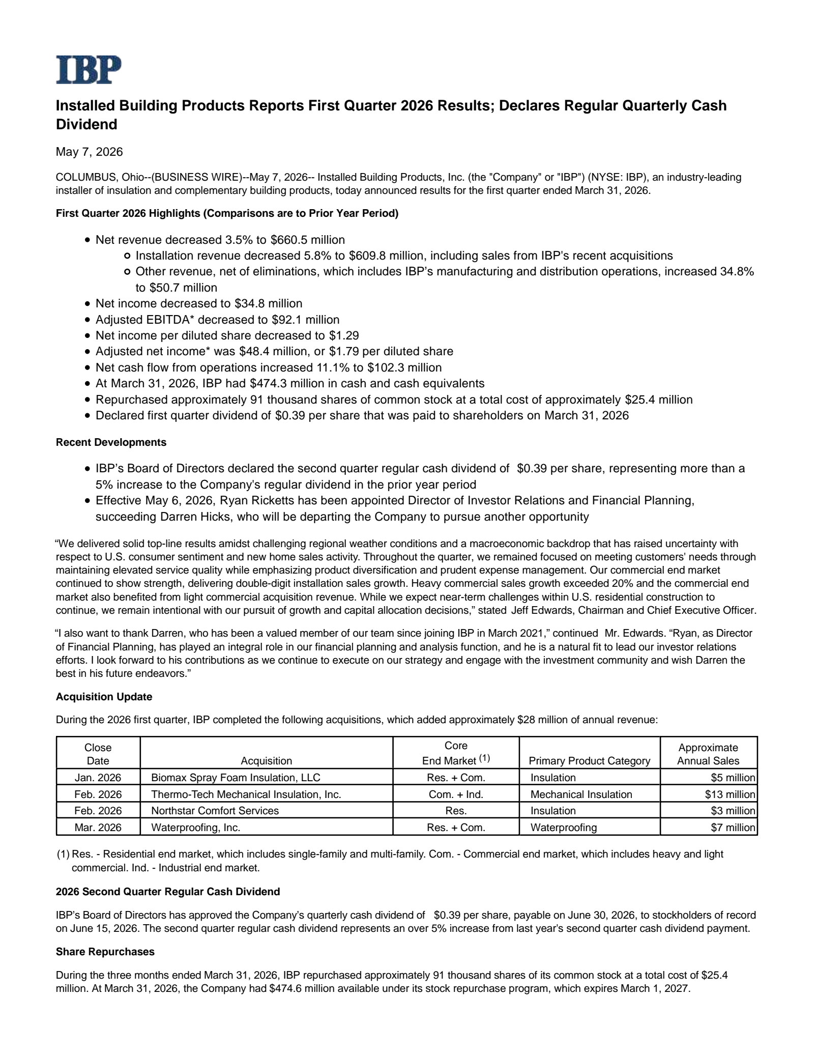 Installed Building Products' Q1 2026 Press Release