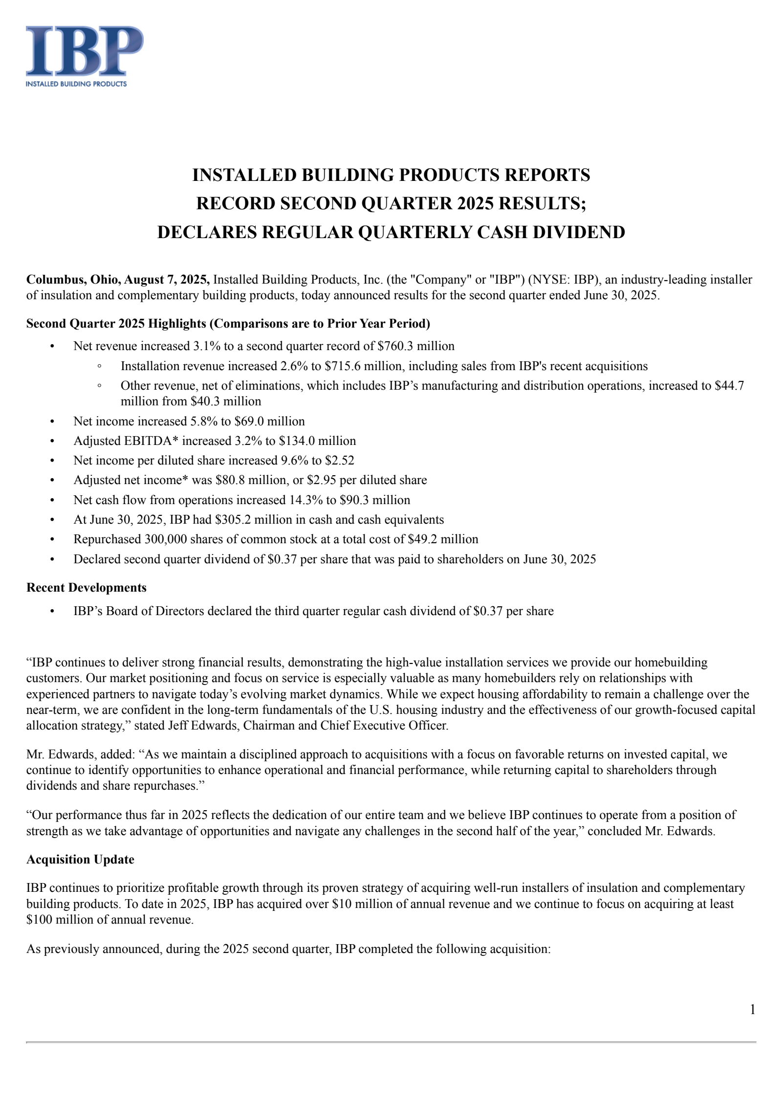 Installed Building Products' Q2 2025 Press Release
