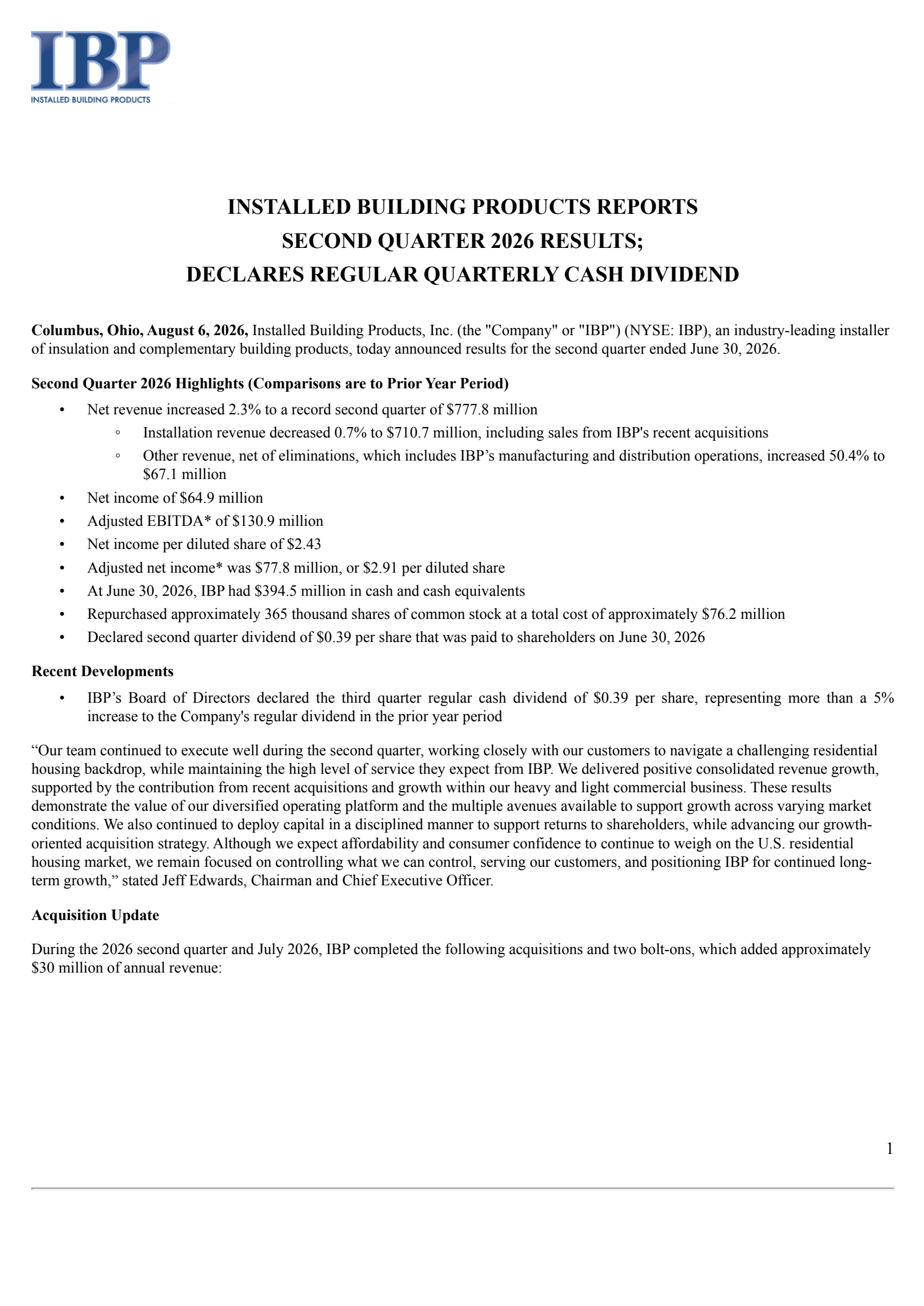 Installed Building Products' Q2 2026 Press Release