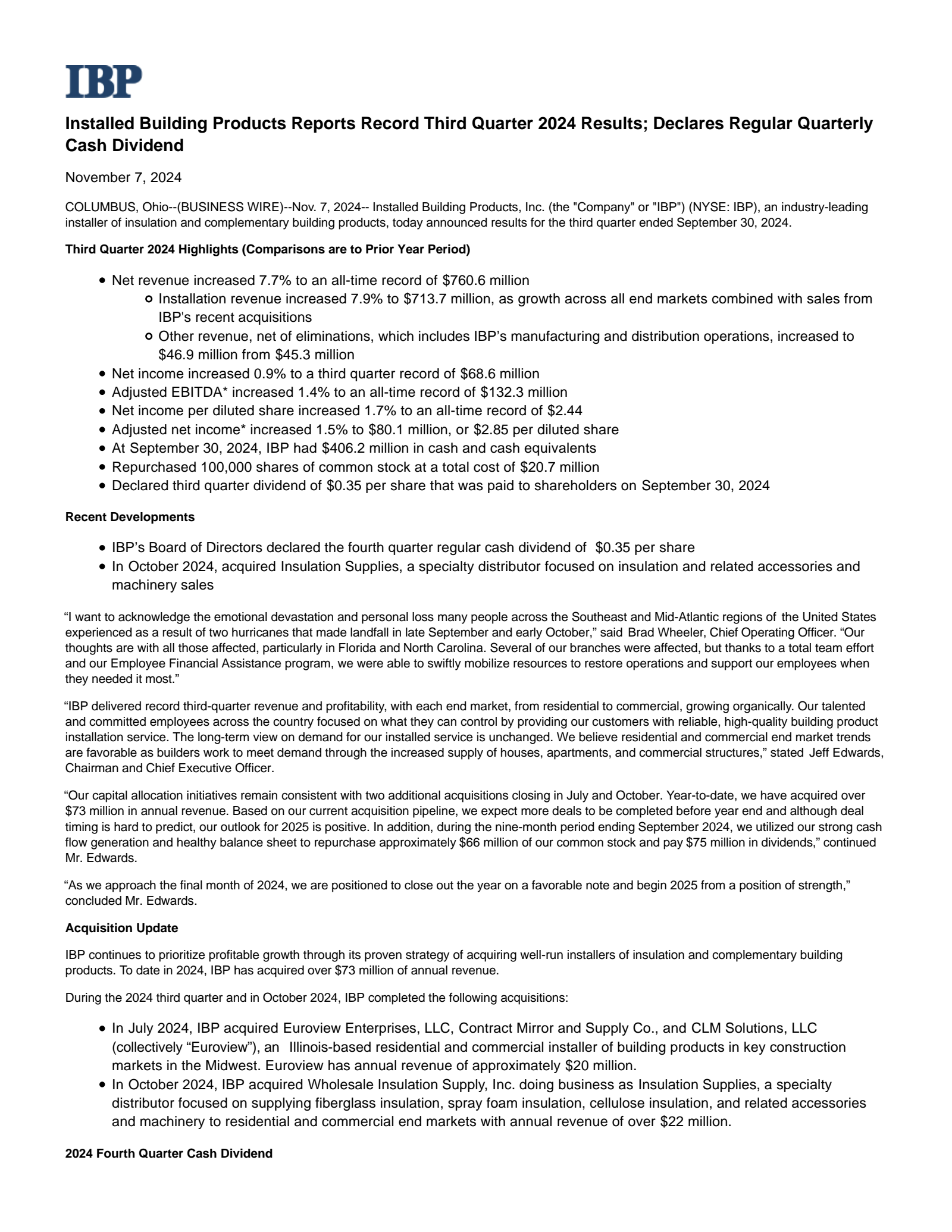 Installed Building Products' Q3 2024 Press Release