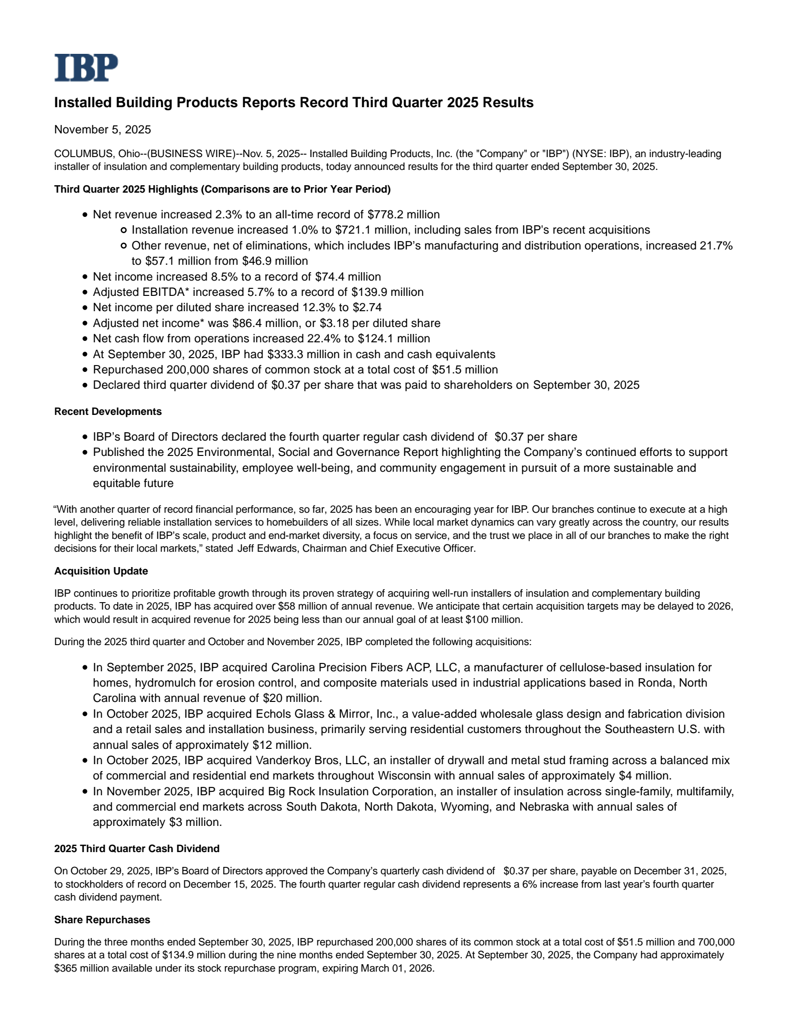 Installed Building Products' Q3 2025 Earnings Release