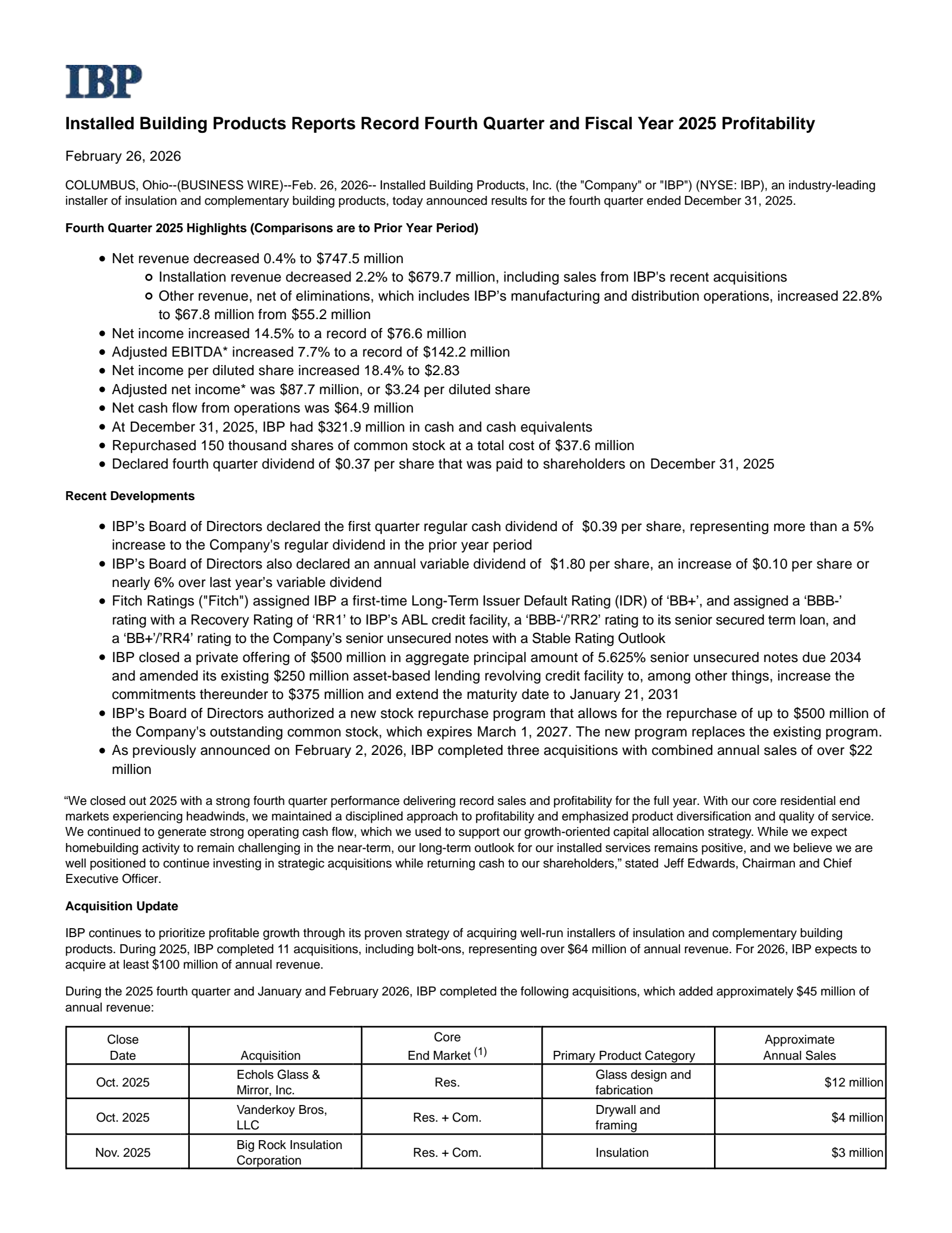 Installed Building Products' Q4 2025 Press Release