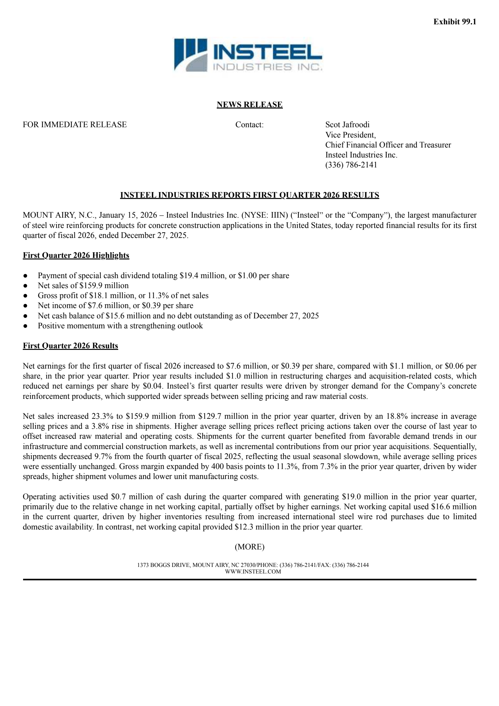 Insteel Industries' Q1 2026 Press Release