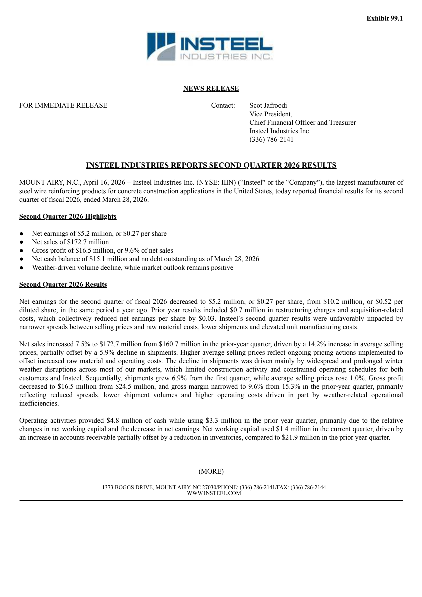 Insteel Industries' Q2 2026 Press Release
