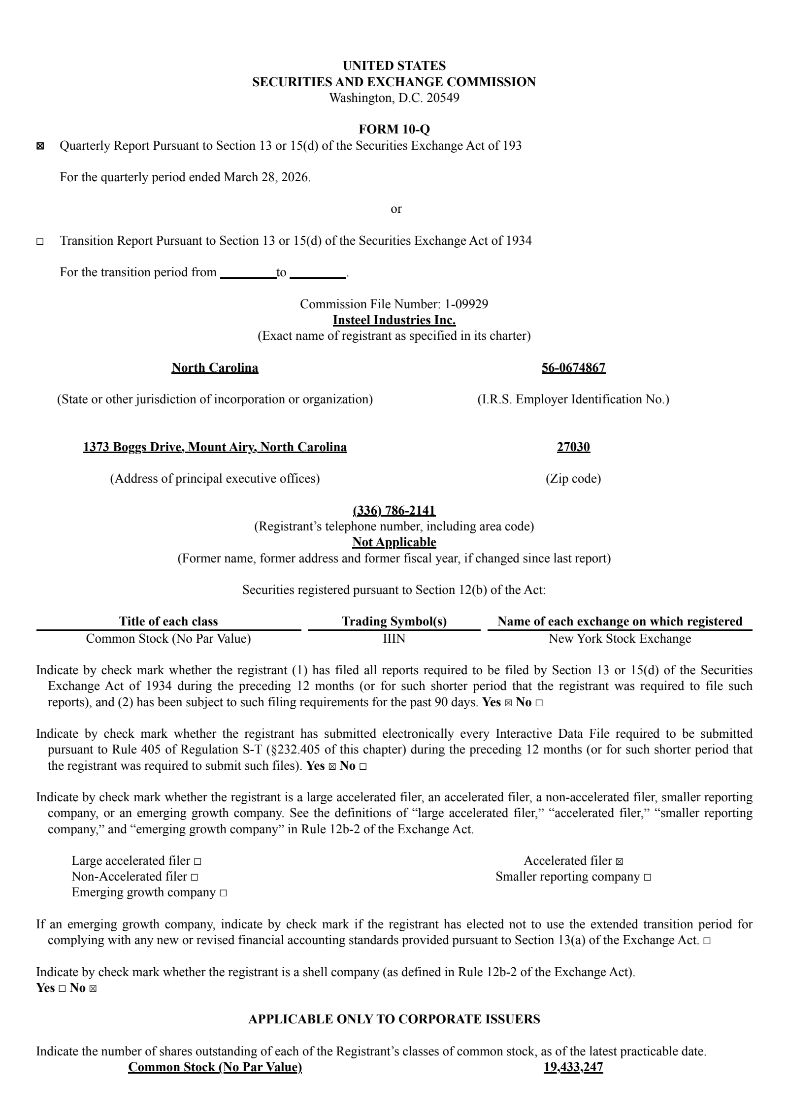 Insteel Industries' Q2 2026 Quarterly report