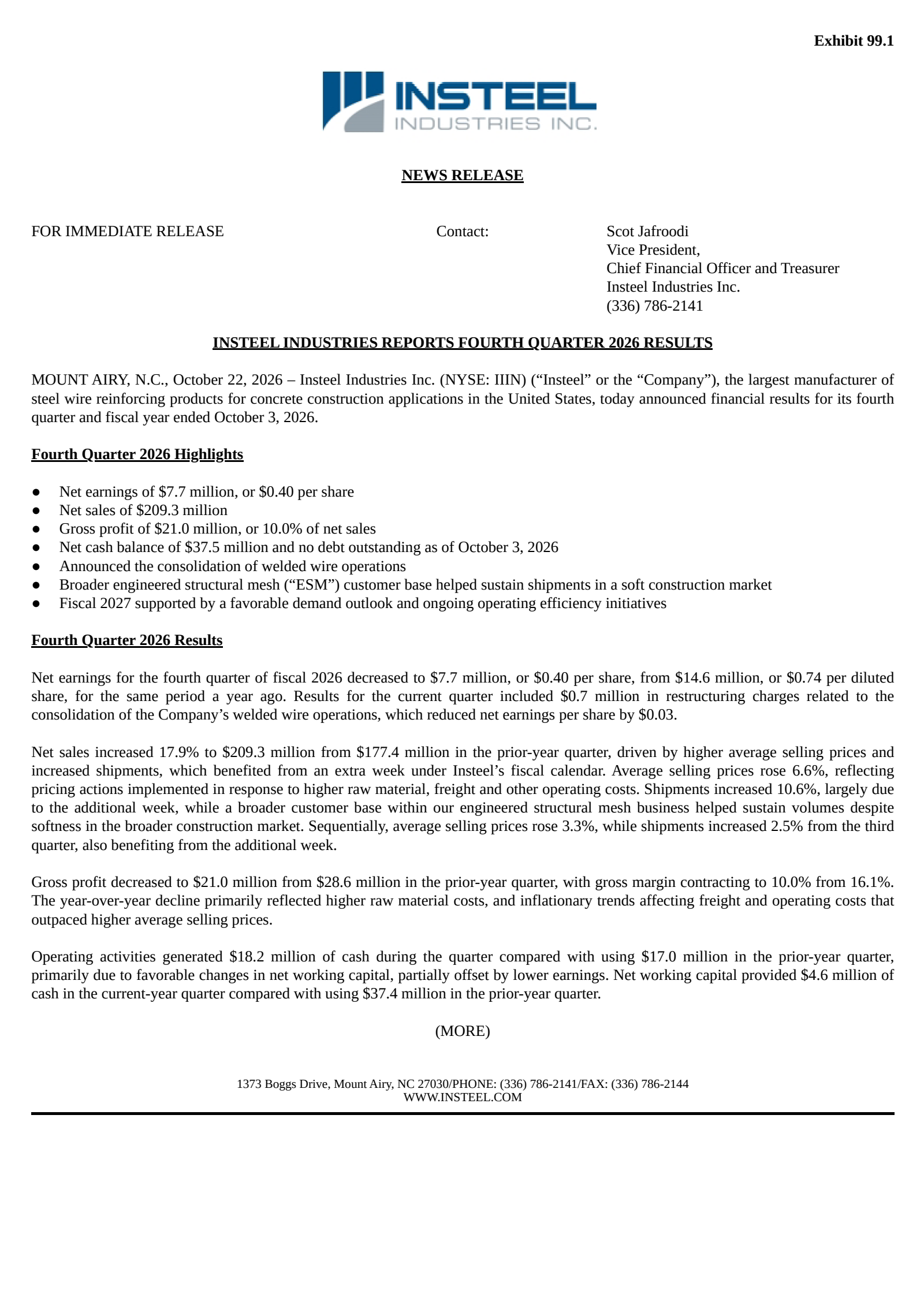 Insteel Industries' Q4 2026 Press Release