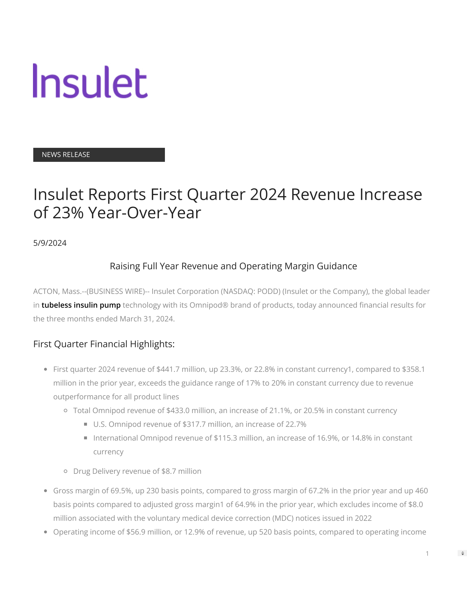 PODD Q1 2024 Earnings Report on 5/9/2024