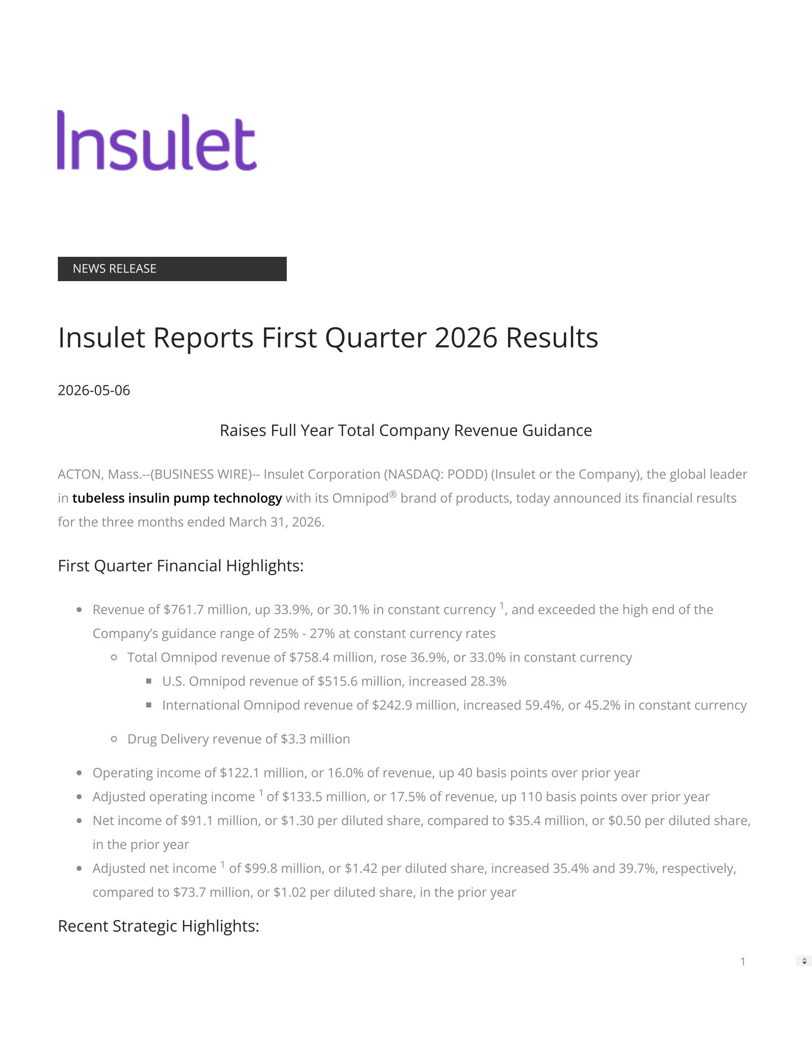 Insulet's Q1 2026 Press Release
