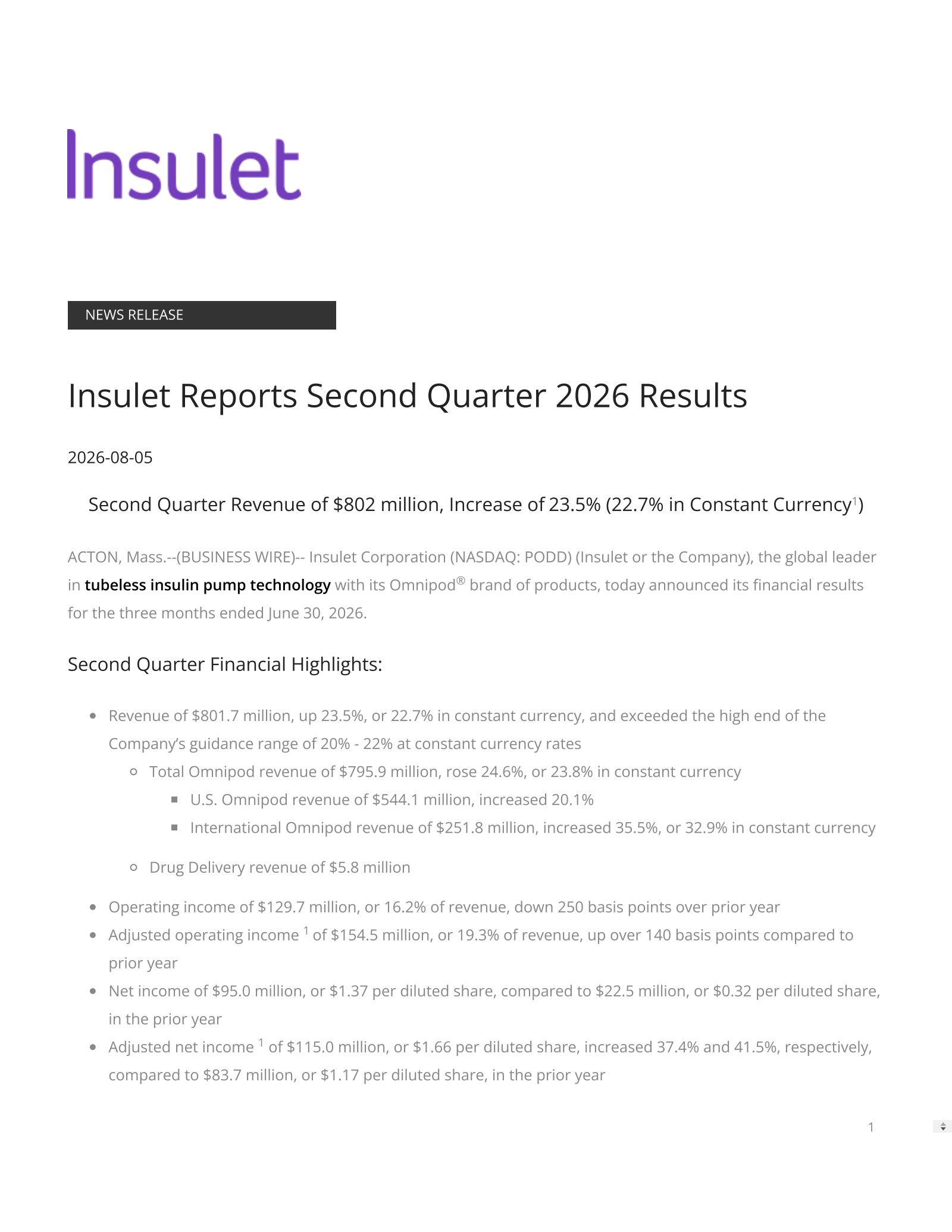 Insulet's Q2 2026 Press Release