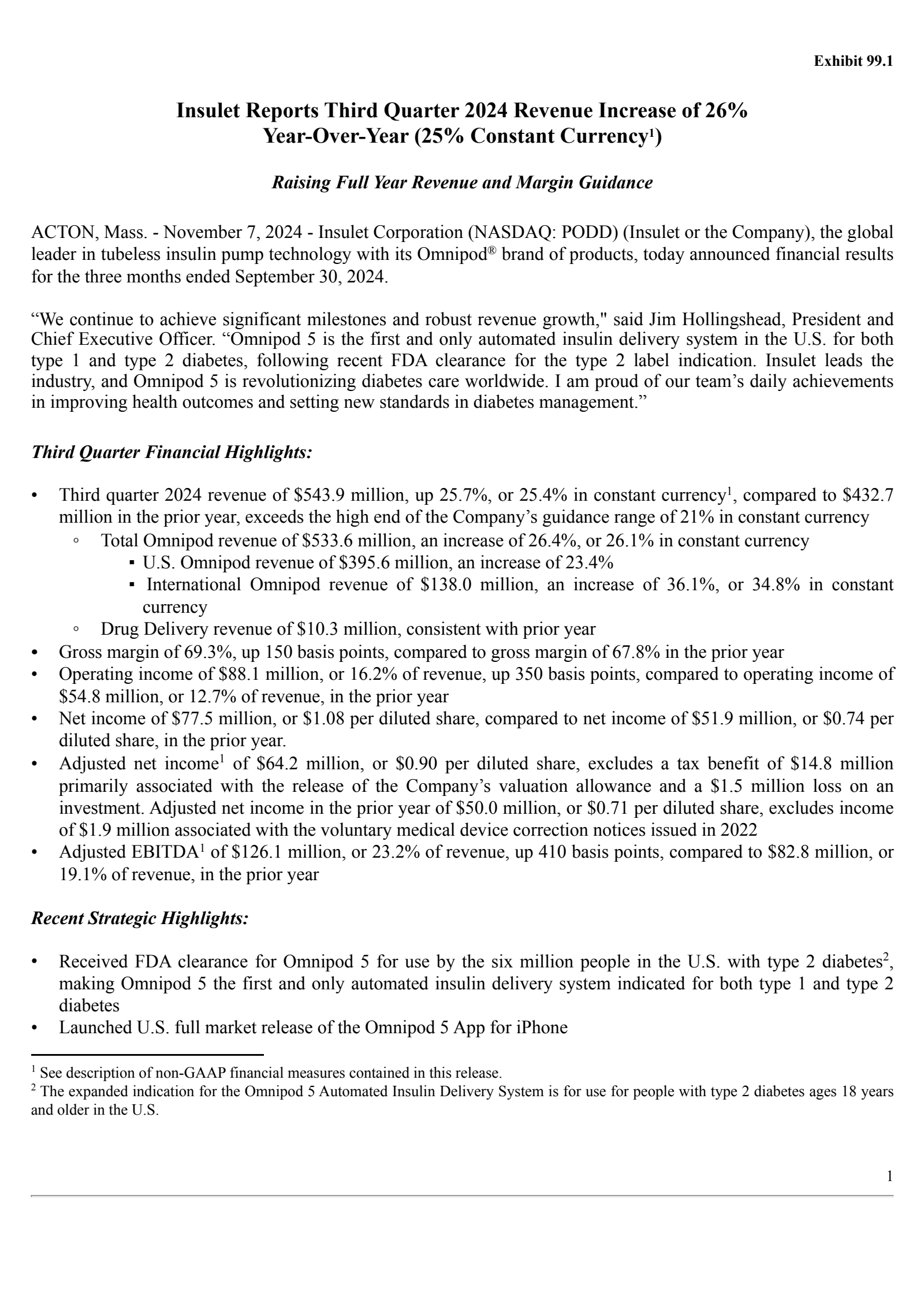 PODD Q3 2024 Earnings Report on 11/7/2024