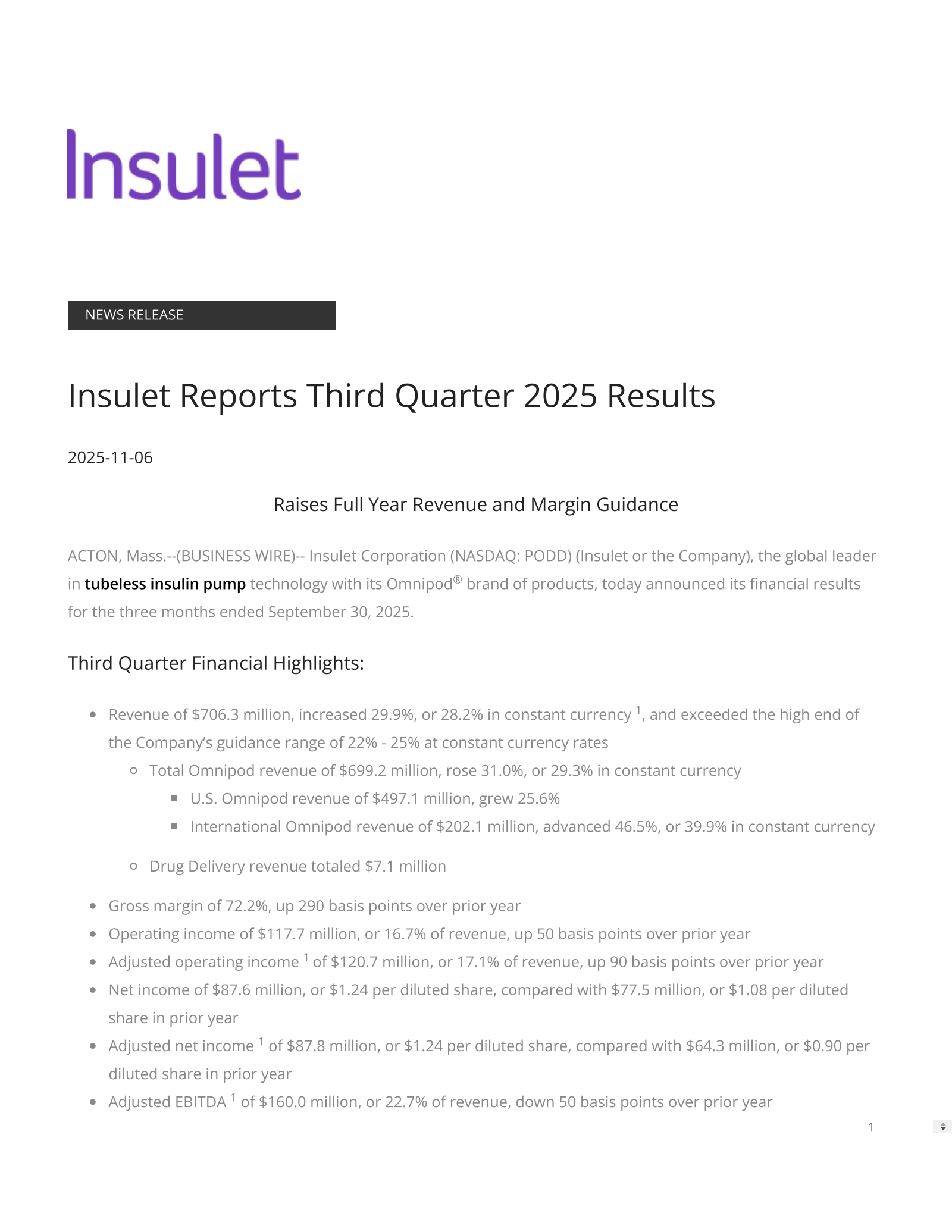 Insulet's Q3 2025 Earnings Release
