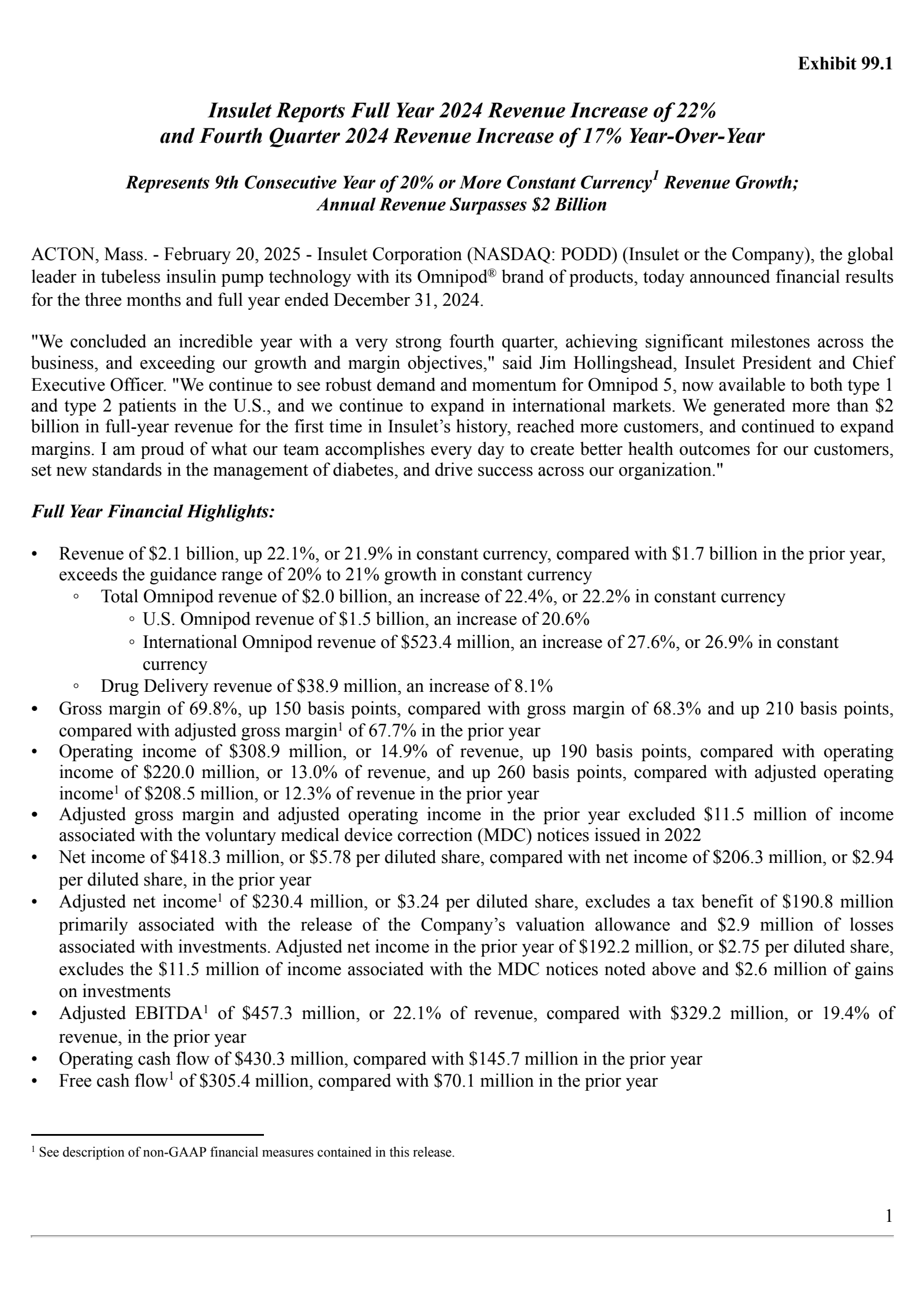 PODD Q4 2024 Earnings Report on 2/20/2025