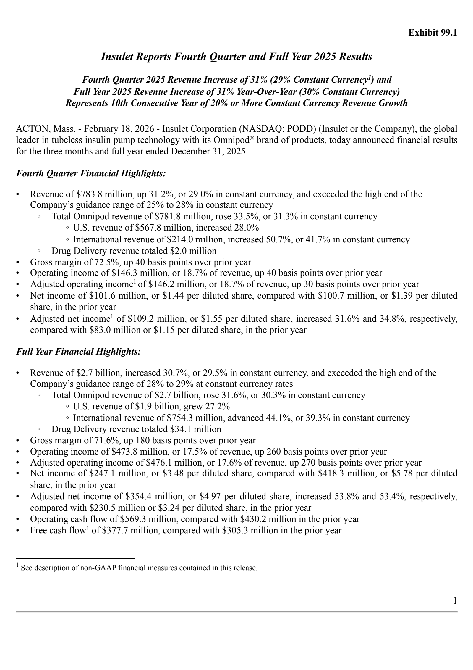 PODD Q4 2025 Earnings Report on 2/18/2026
