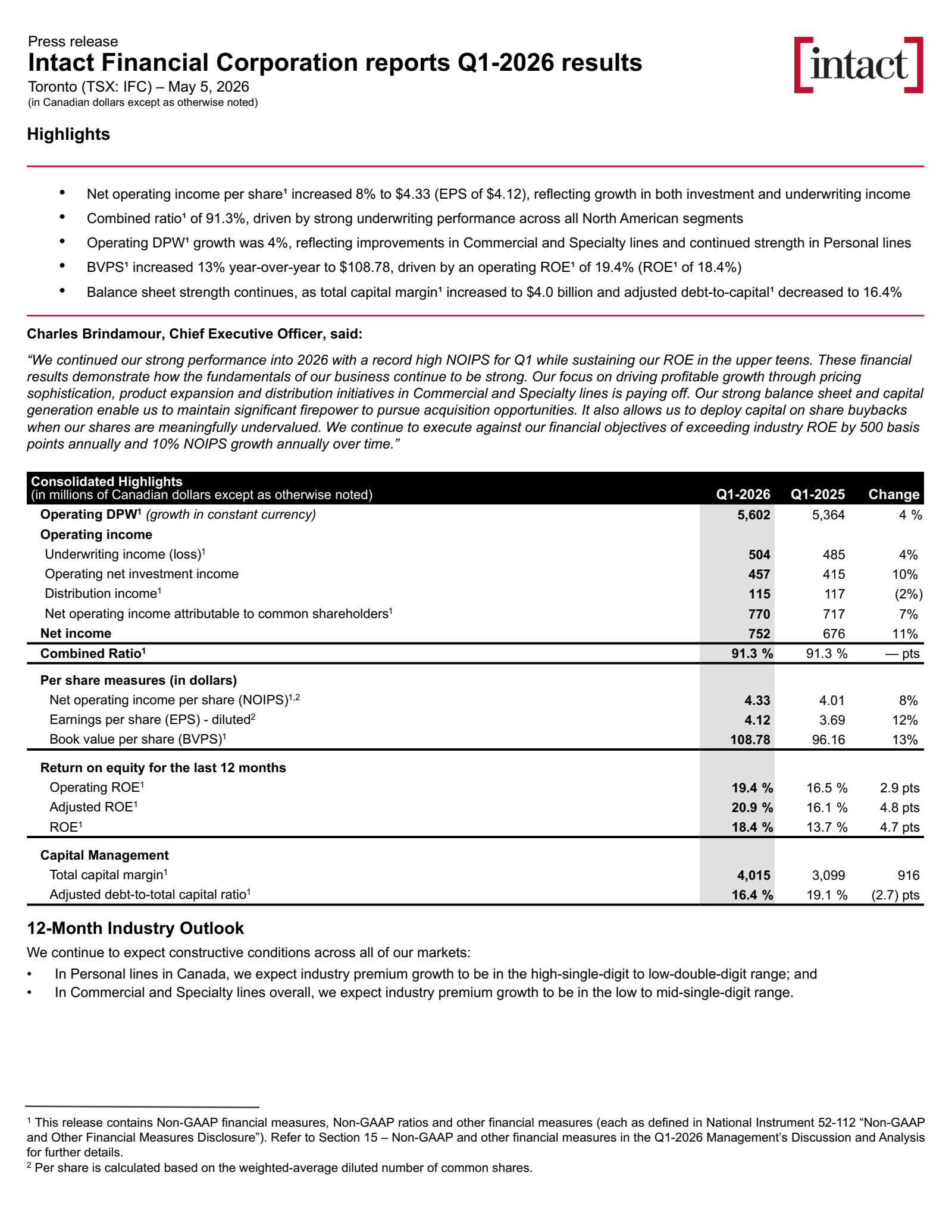 Intact Financial's Q1 2026 Press Release