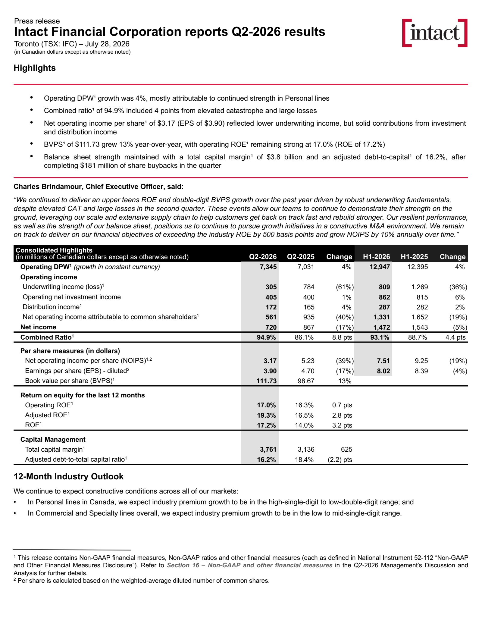 Intact Financial's Q2 2026 Press Release