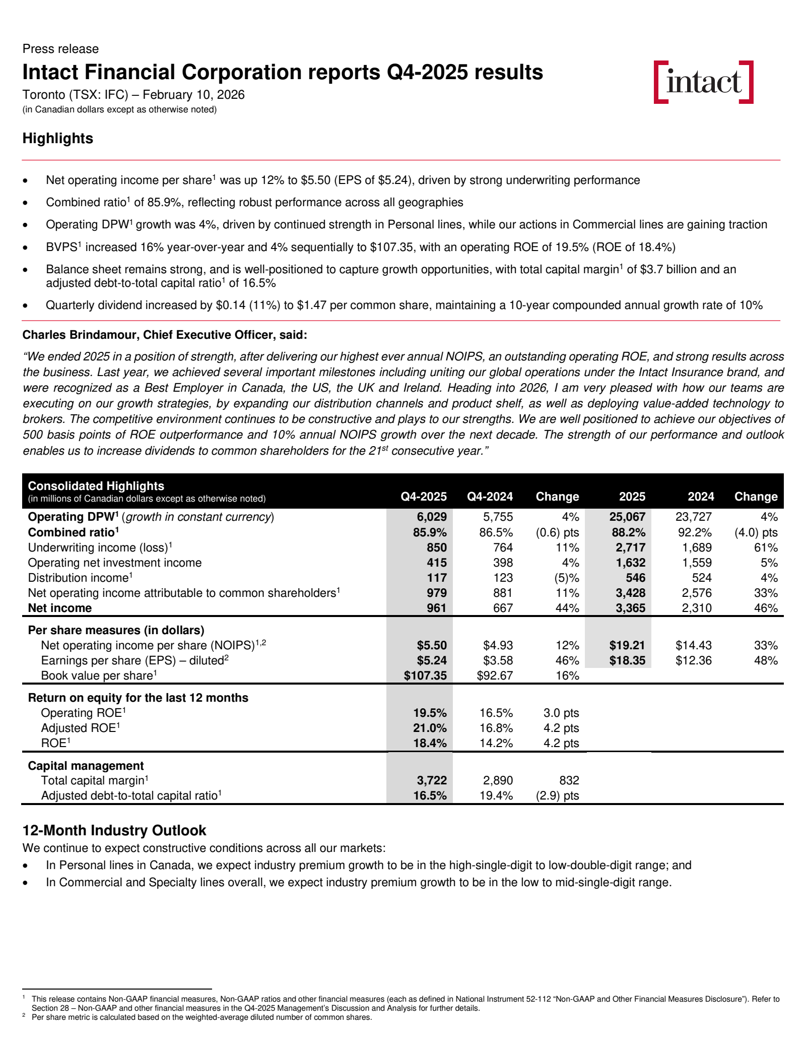Intact Financial's Q4 2025 Press Release