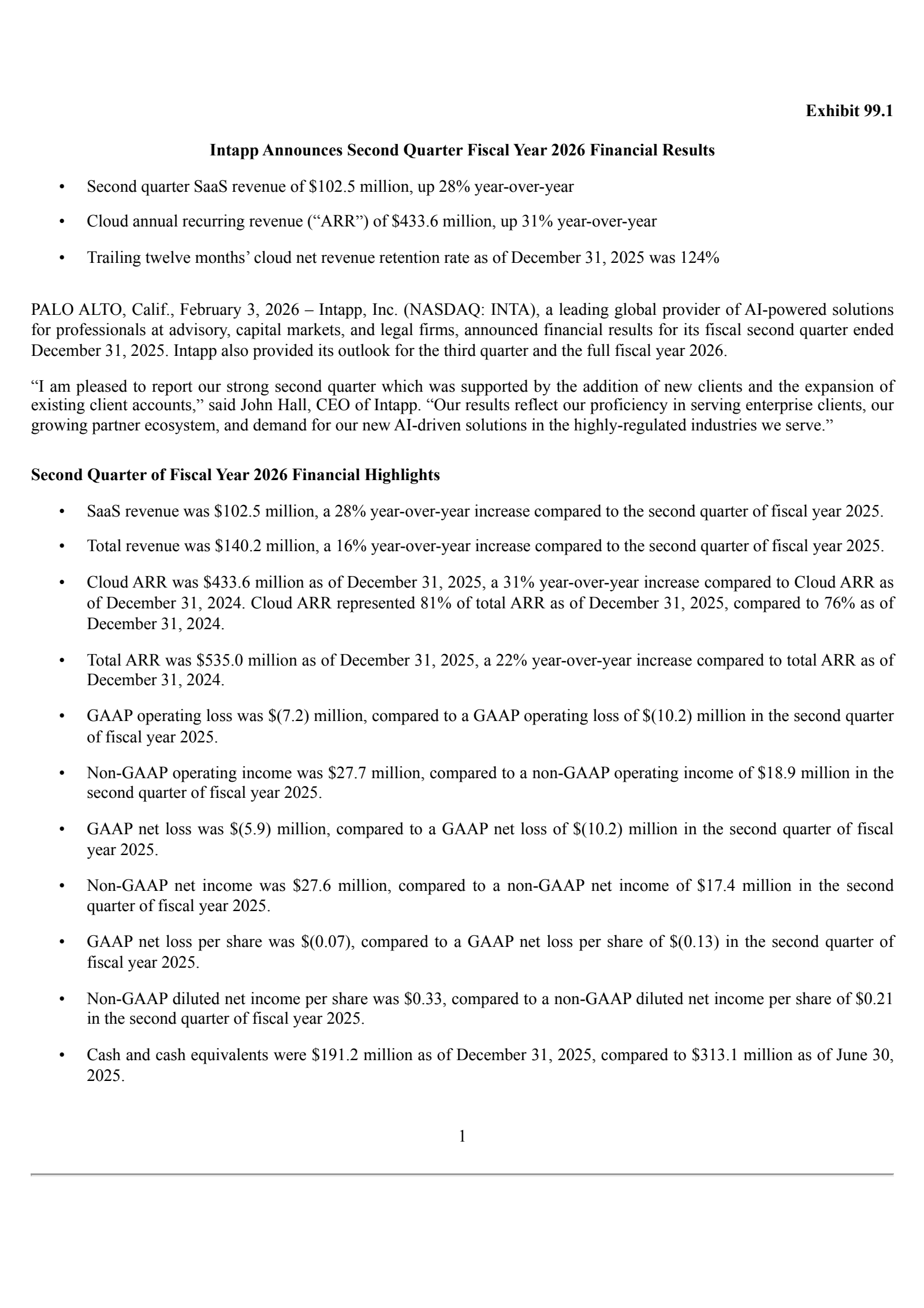 Intapp's Q2 2026 Press Release