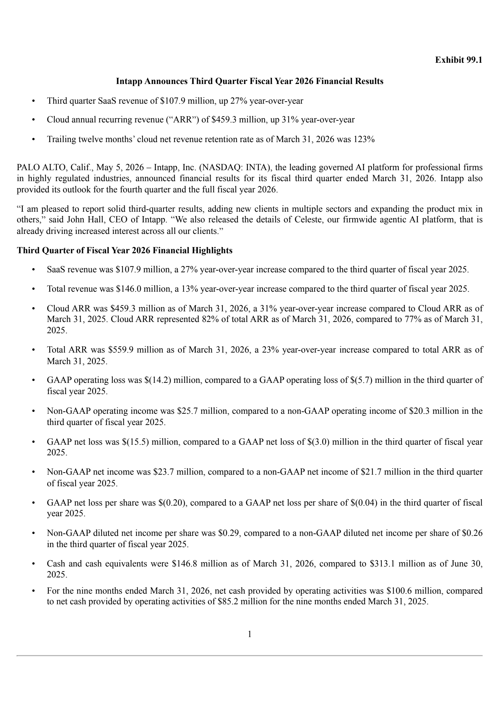 Intapp's Q3 2026 Press Release