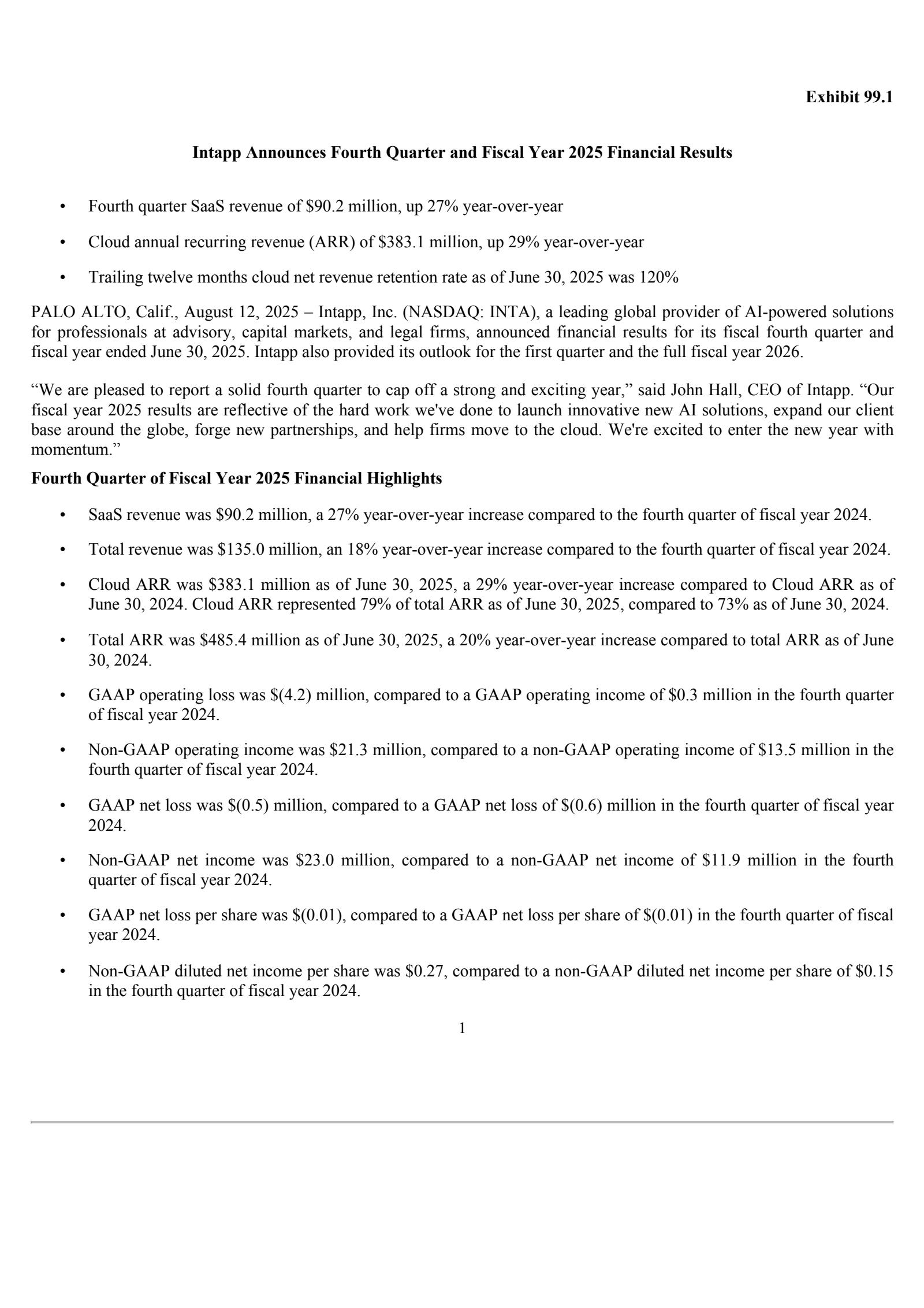 Intapp's Q4 2025 Press Release