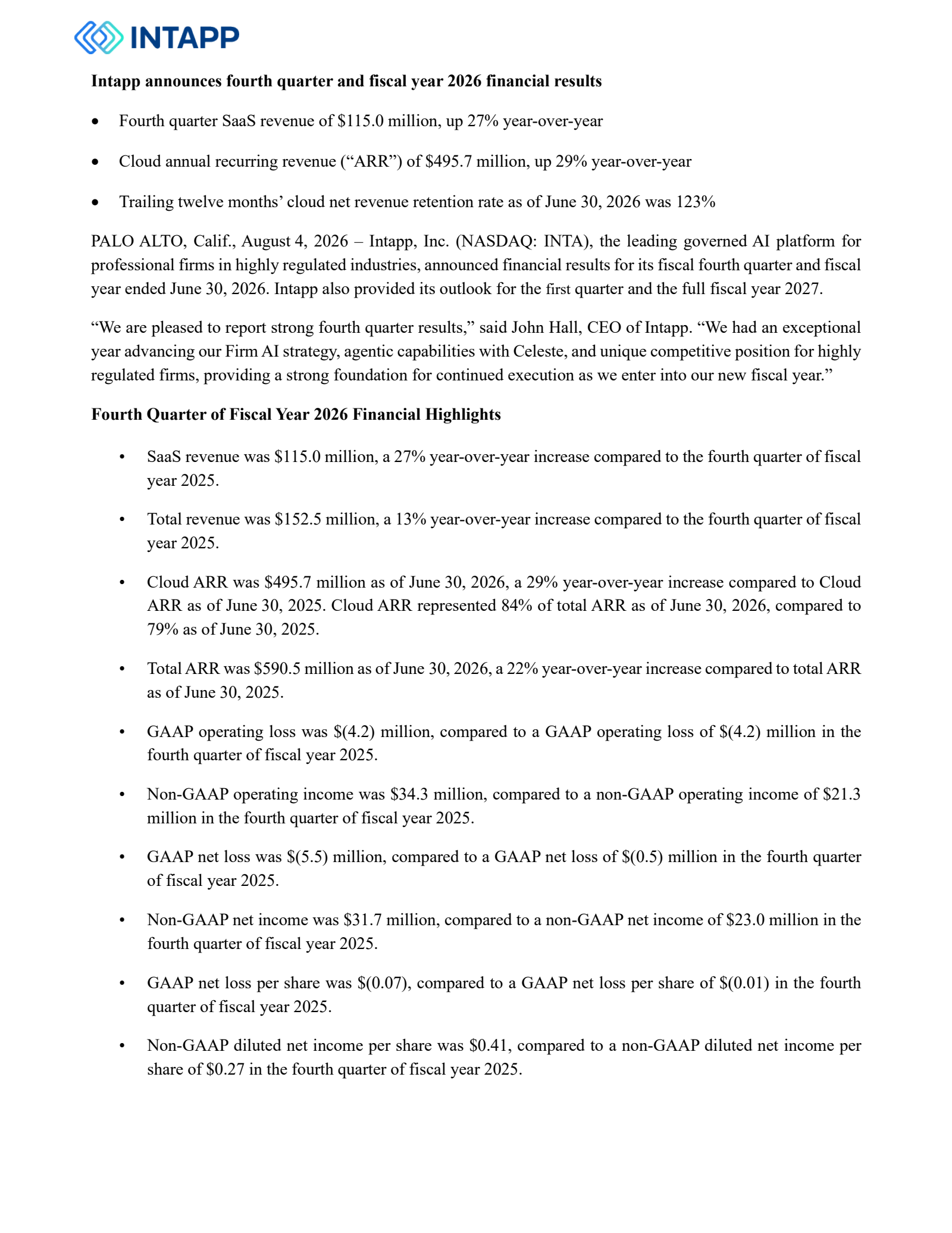 Intapp's Q4 2026 Press Release