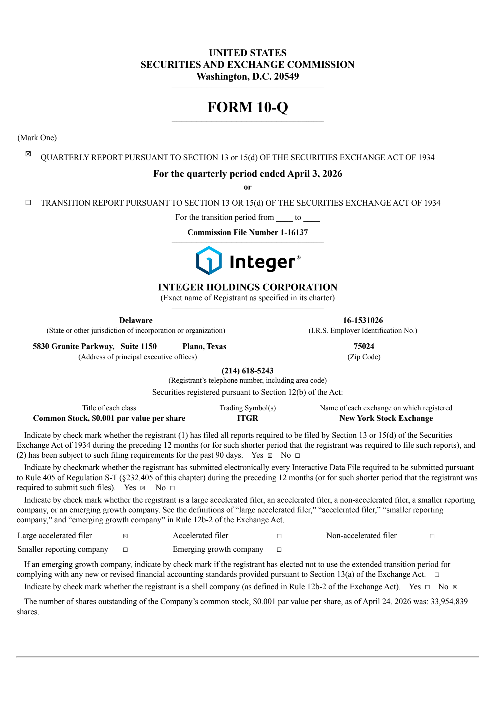 Integer's Q1 2026 Quarterly report