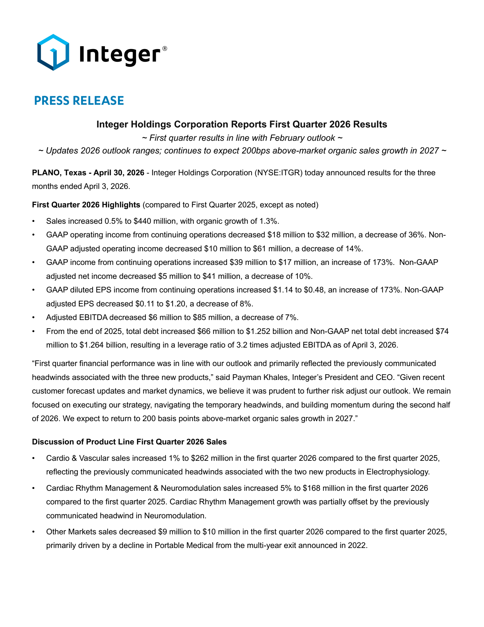 Integer's Q1 2026 Press Release