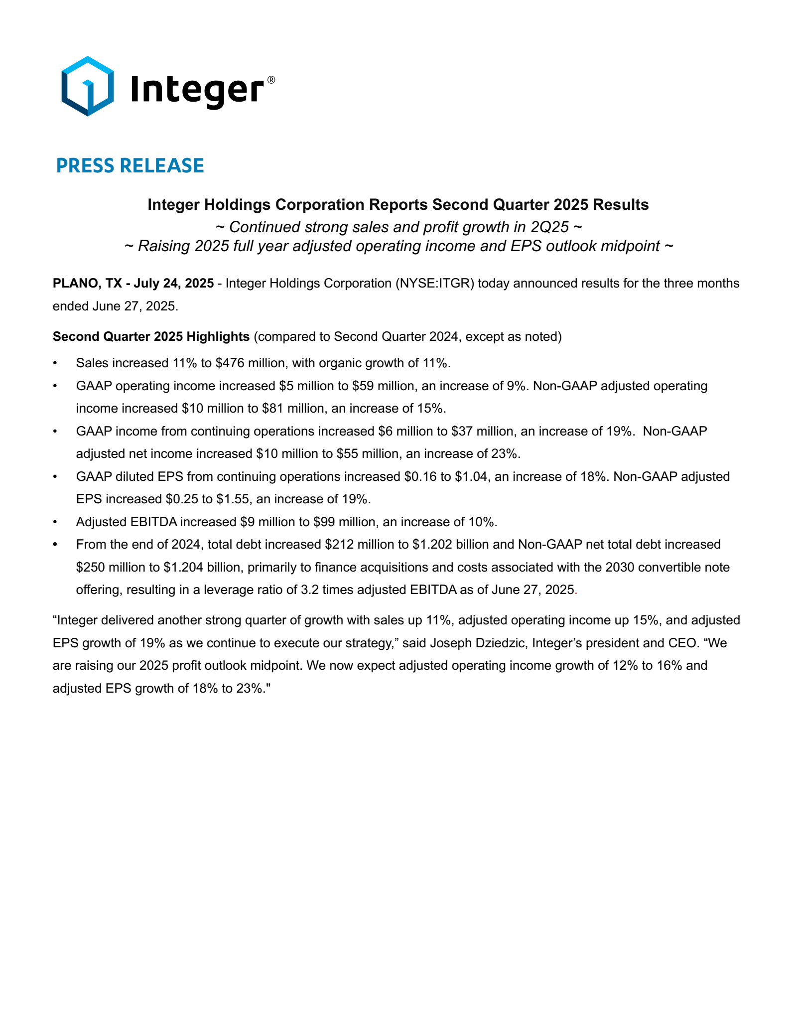 Integer's Q2 2025 Press Release