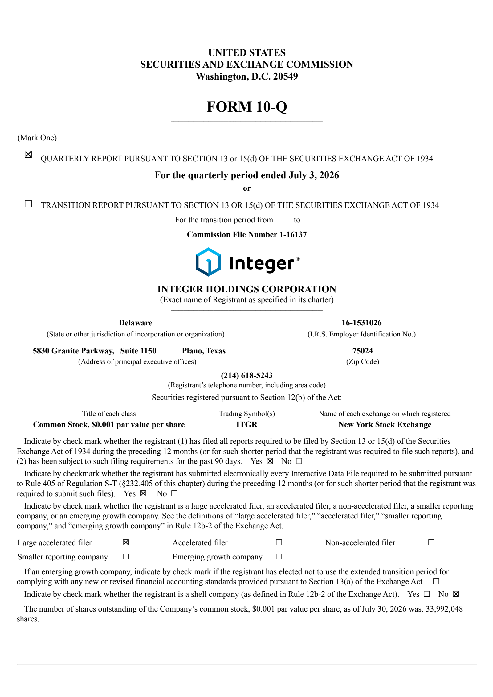 Integer's Q2 2026 Quarterly report
