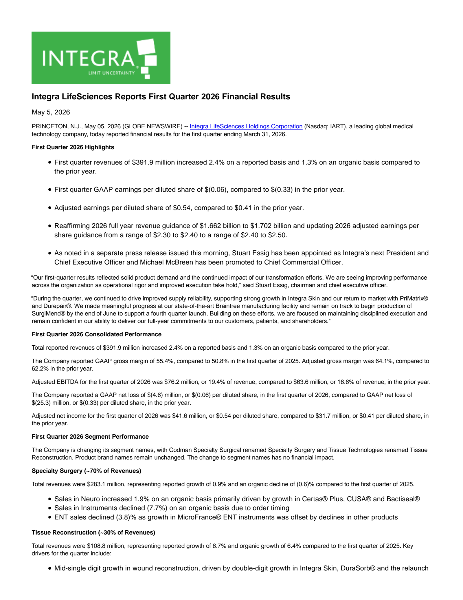Integra LifeSciences' Q1 2026 Press Release