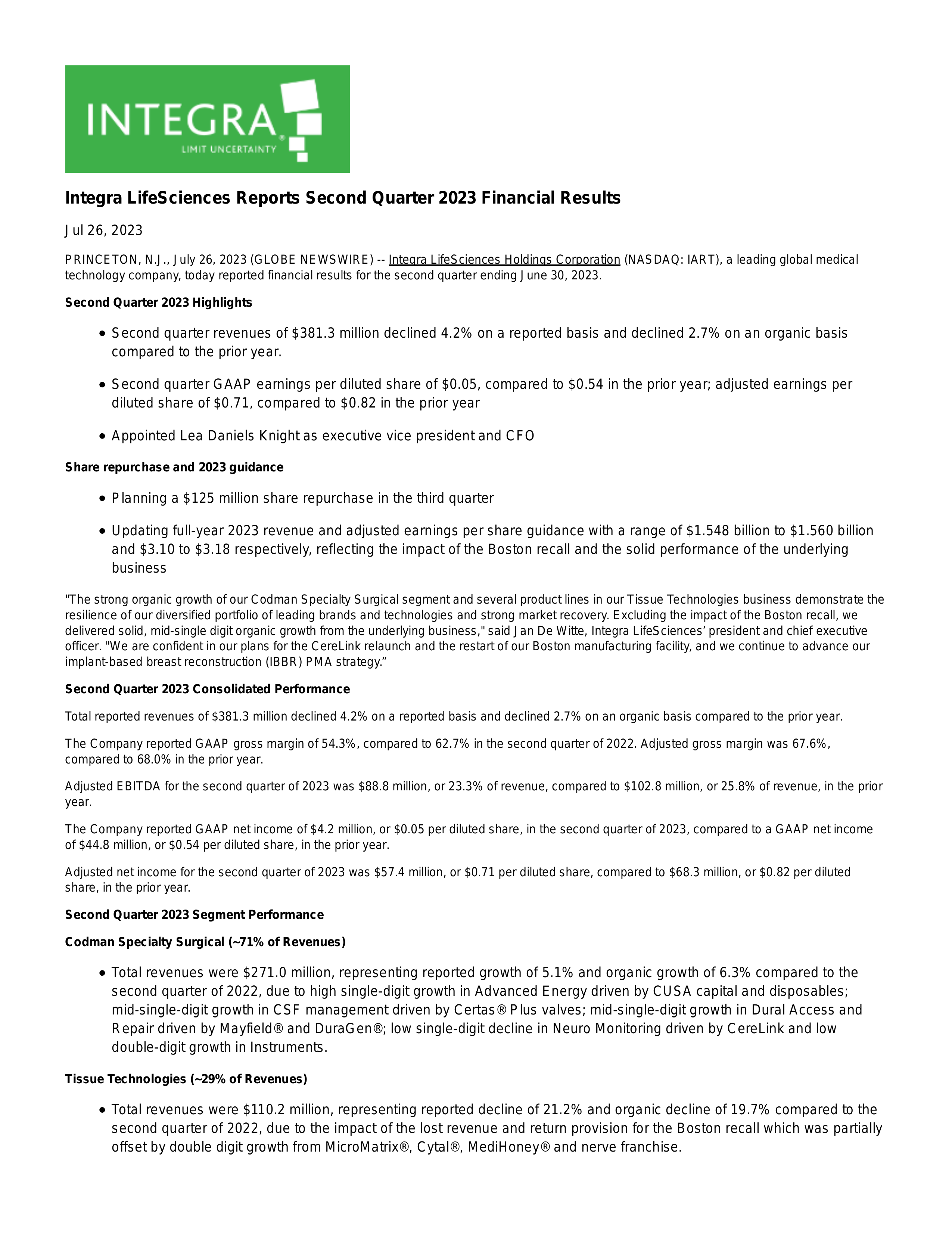 Integra LifeSciences' Q2 2023 Press Release