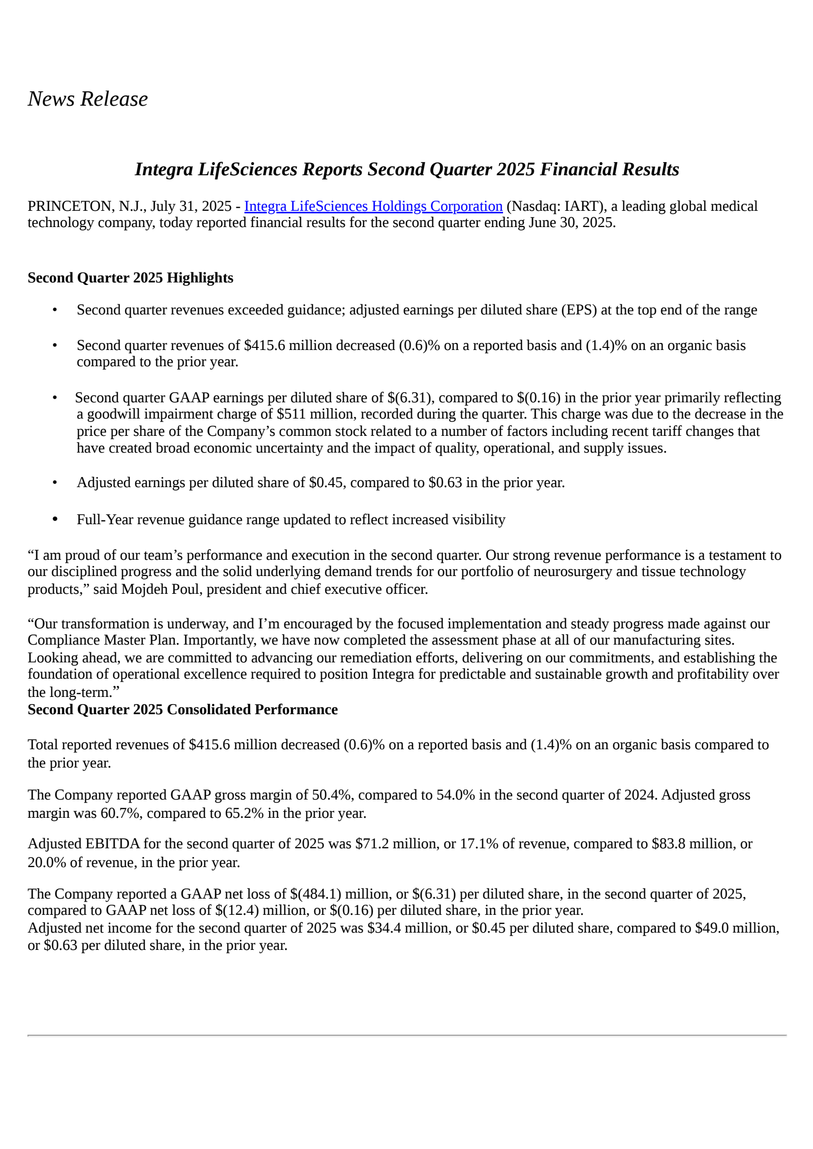 Integra LifeSciences' Q2 2025 Press Release