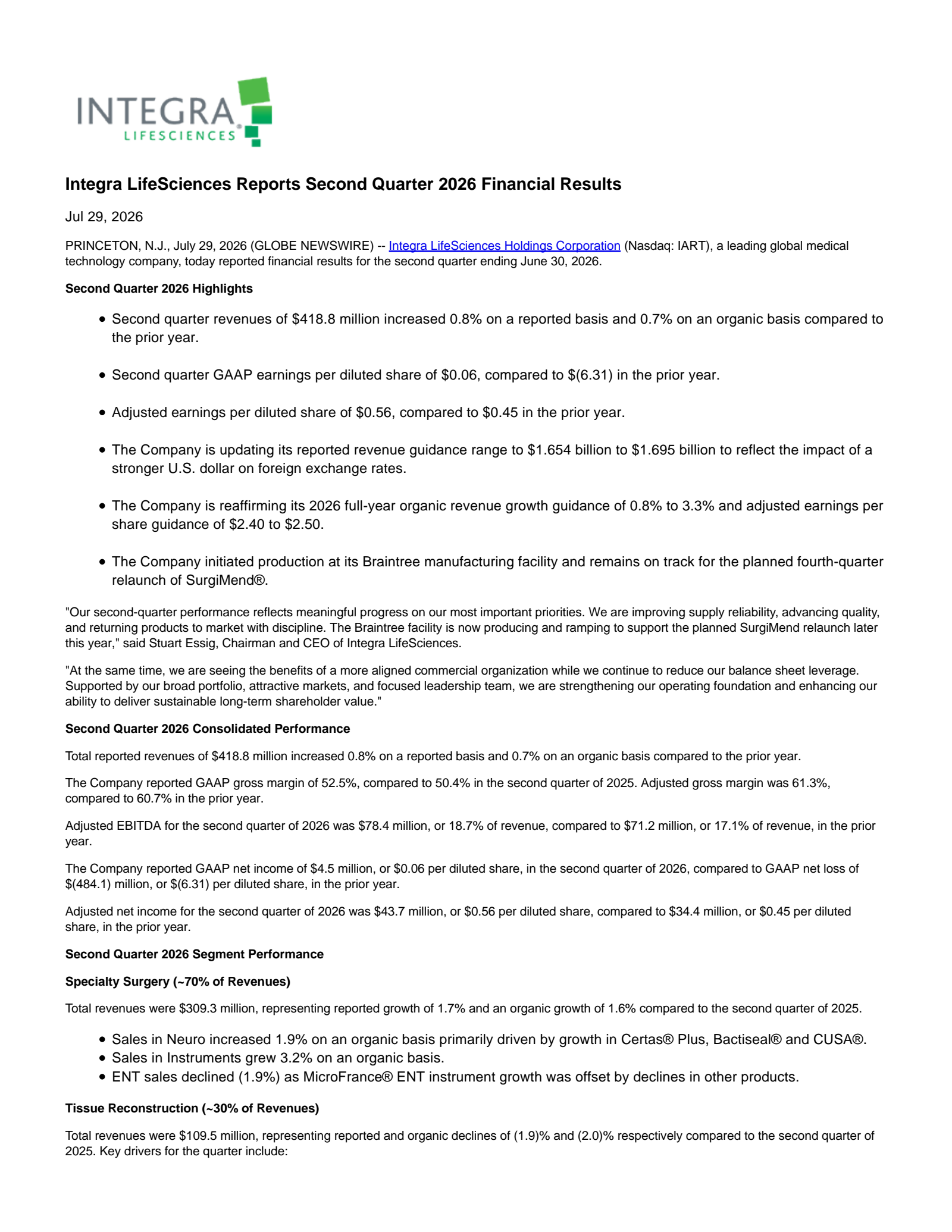 Integra LifeSciences' Q2 2026 Press Release