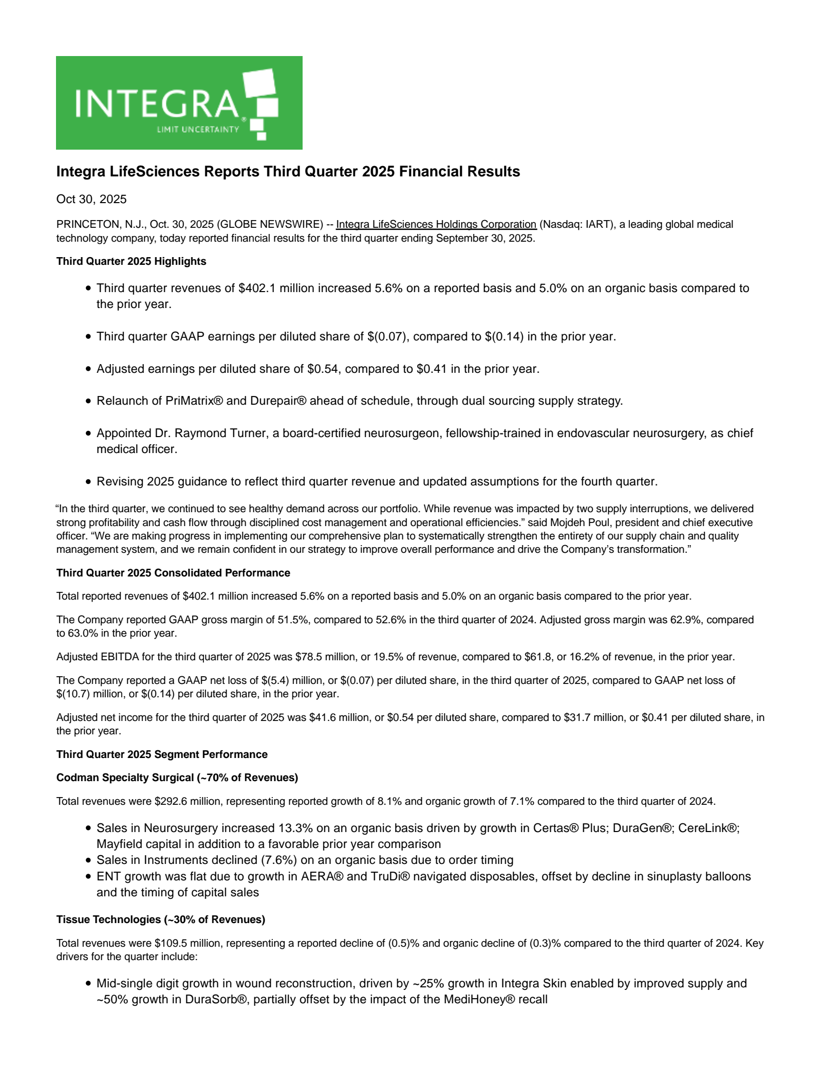 Integra LifeSciences' Q3 2025 Earnings Release
