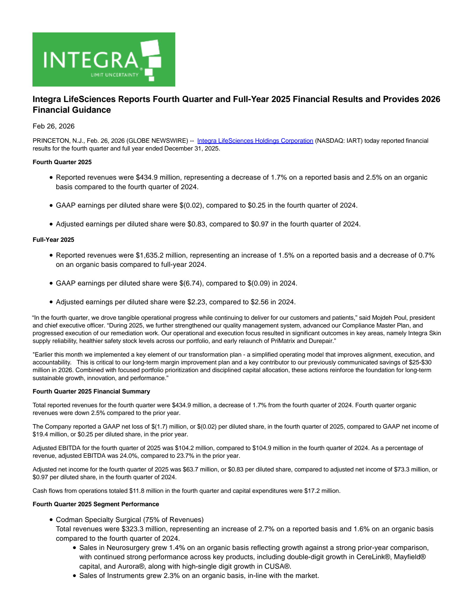 Integra LifeSciences' Q4 2025 Press Release
