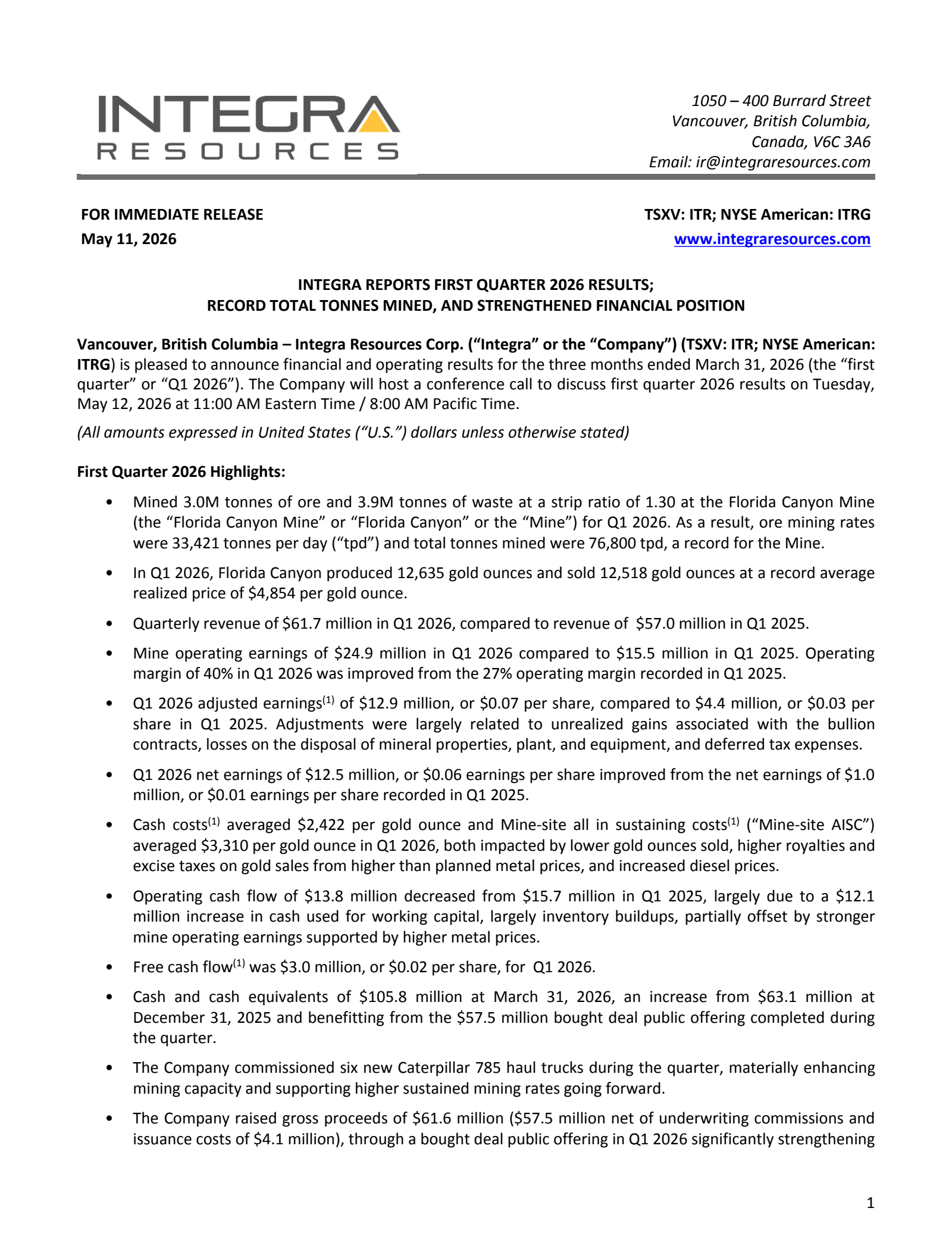 Integra Resources' Q1 2026 Press Release