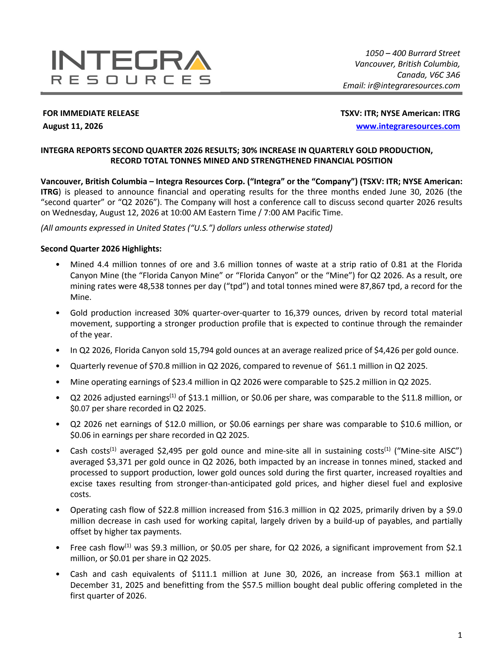 Integra Resources' Q2 2026 Press Release