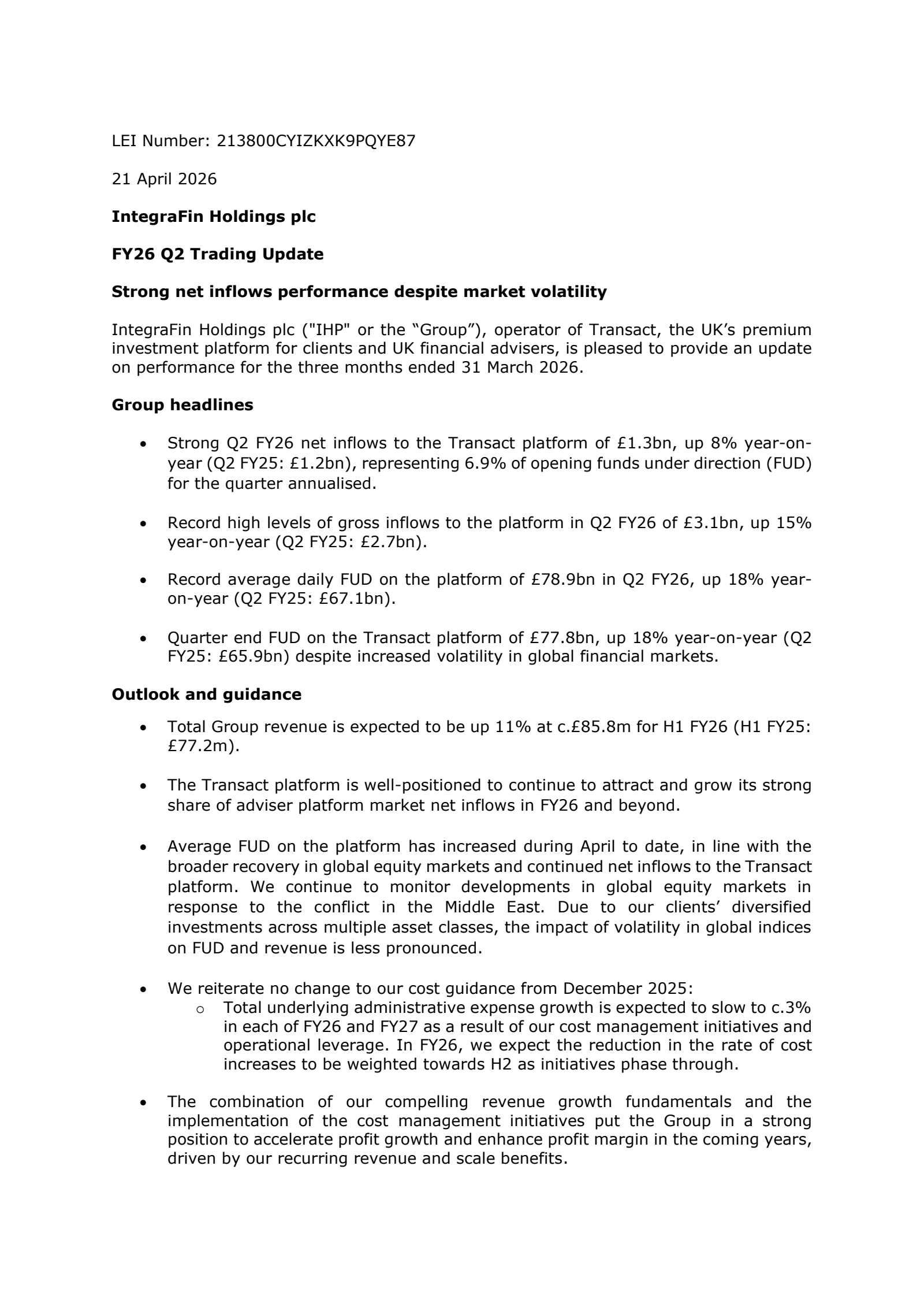 IntegraFin's Q2 2026 TU Press Release