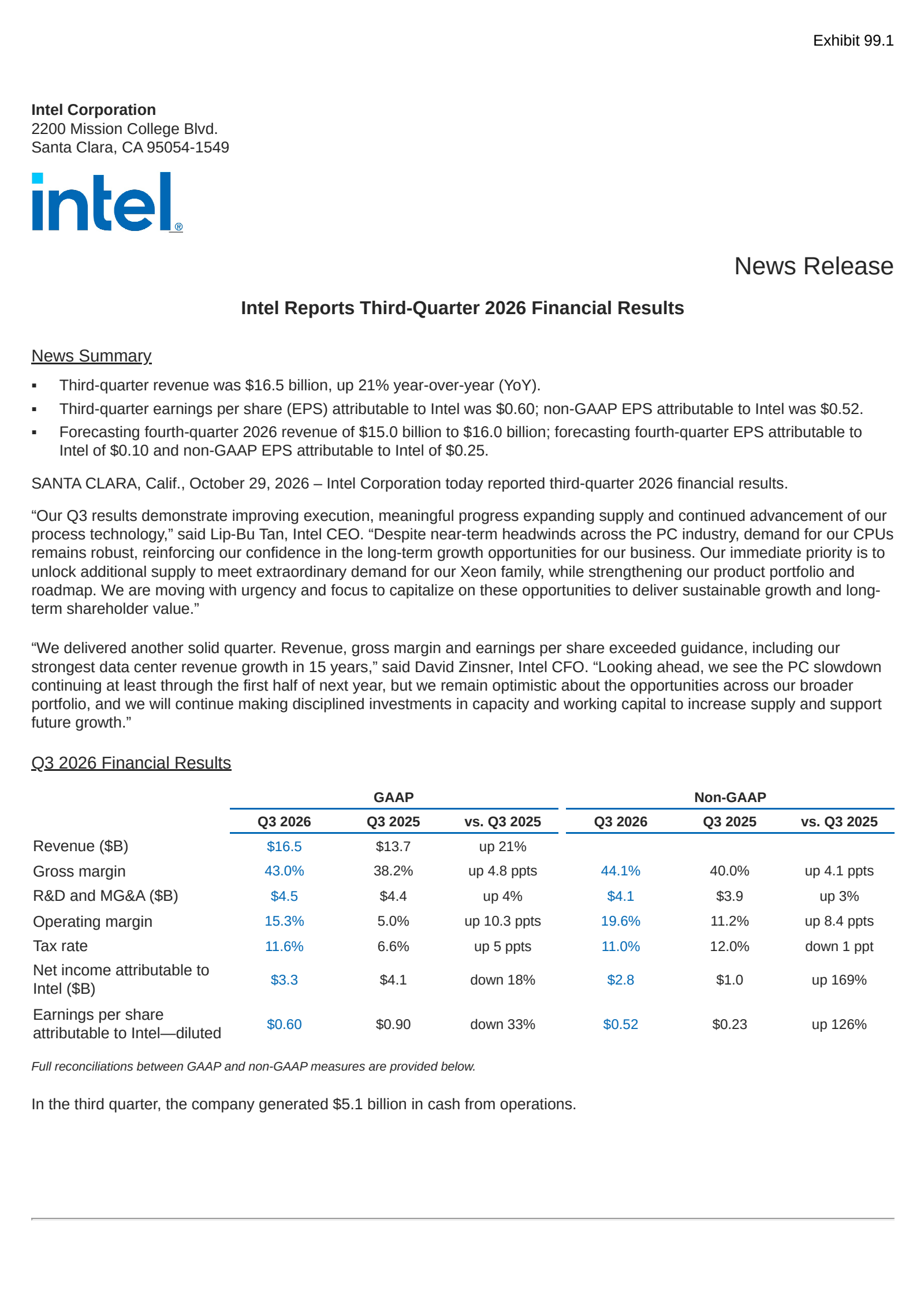 Intel's Q3 2026 Press Release