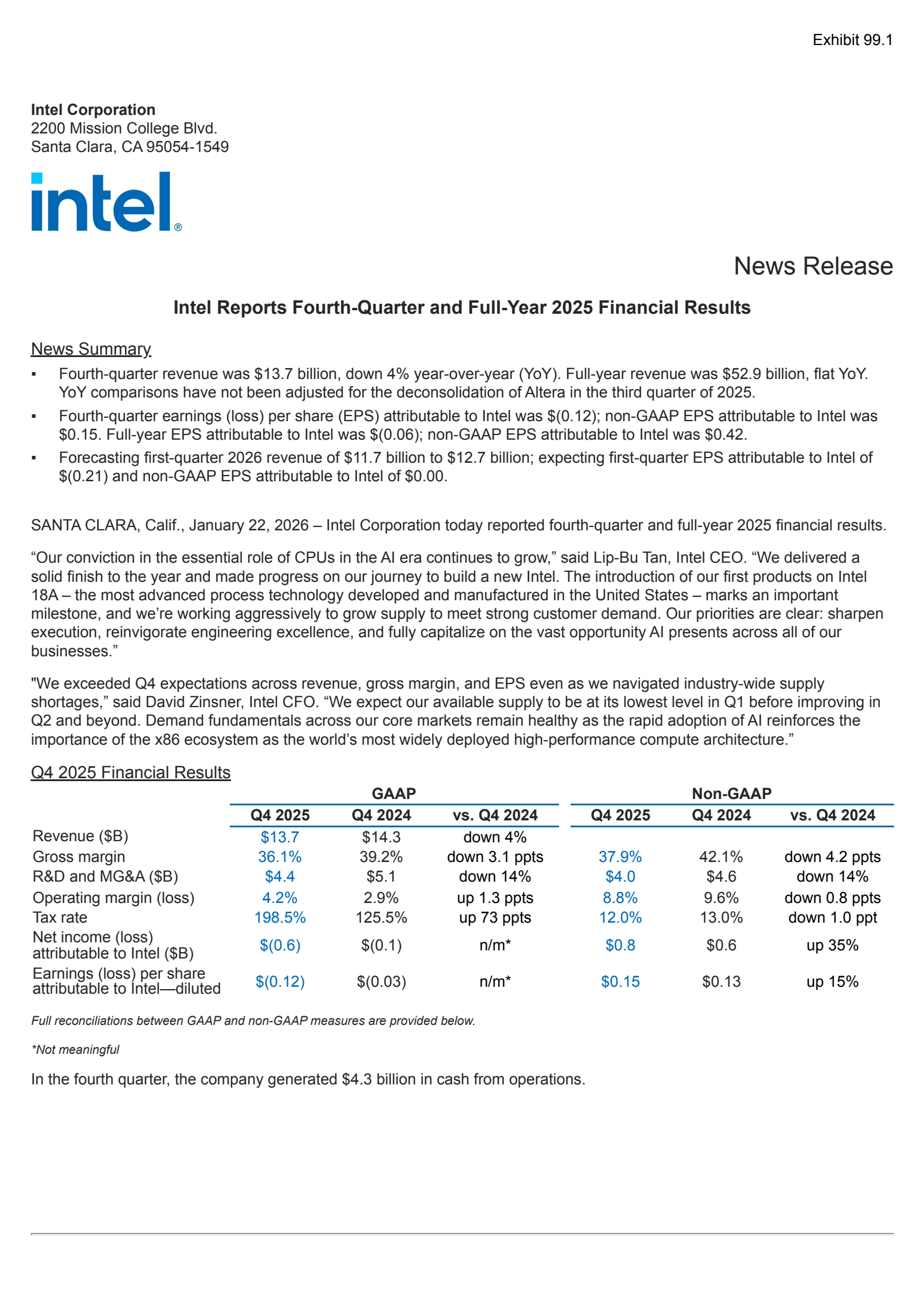Intel's Q4 2025 Press Release