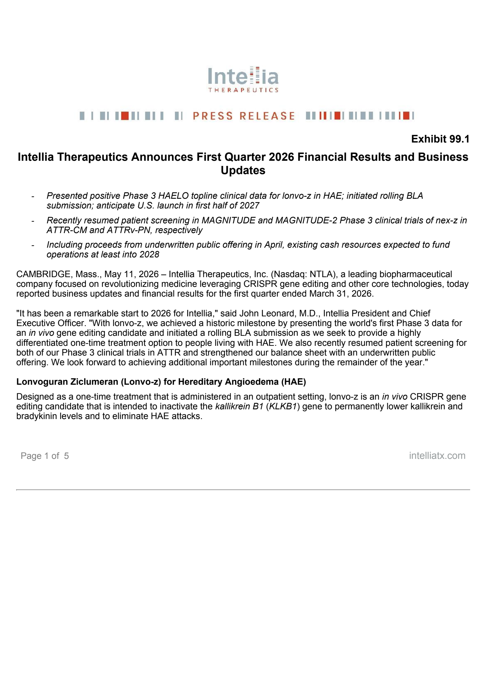 Intellia Therapeutics' Q1 2026 Press Release