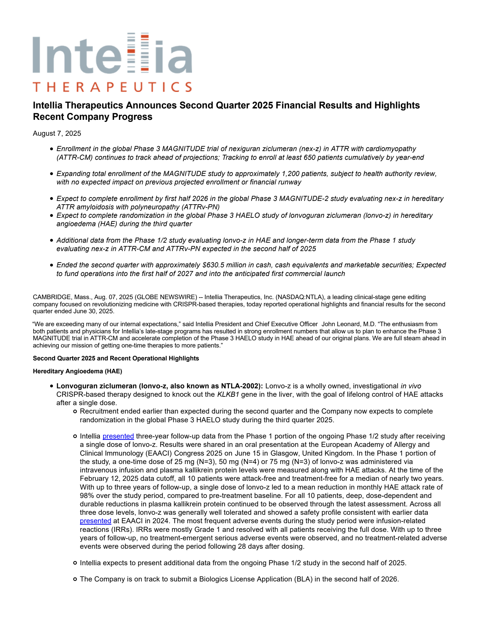 Intellia Therapeutics' Q2 2025 Press Release