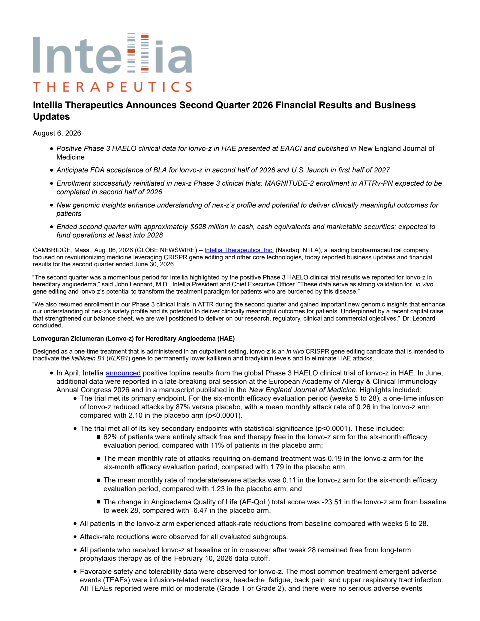 Intellia Therapeutics' Q2 2026 Press Release
