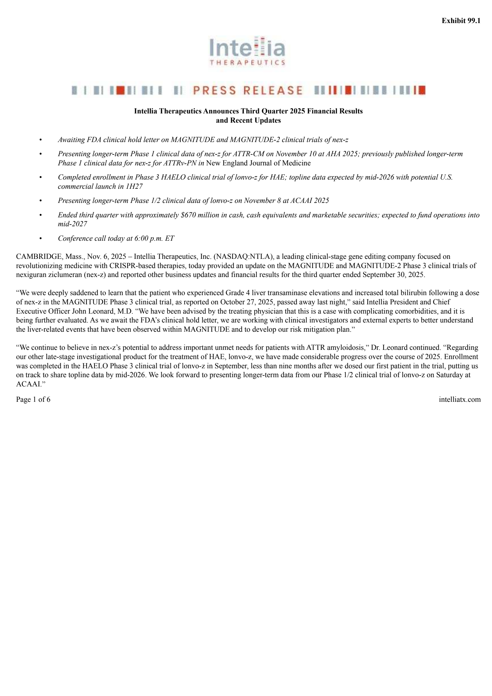 Intellia Therapeutics' Q3 2025 Earnings Release