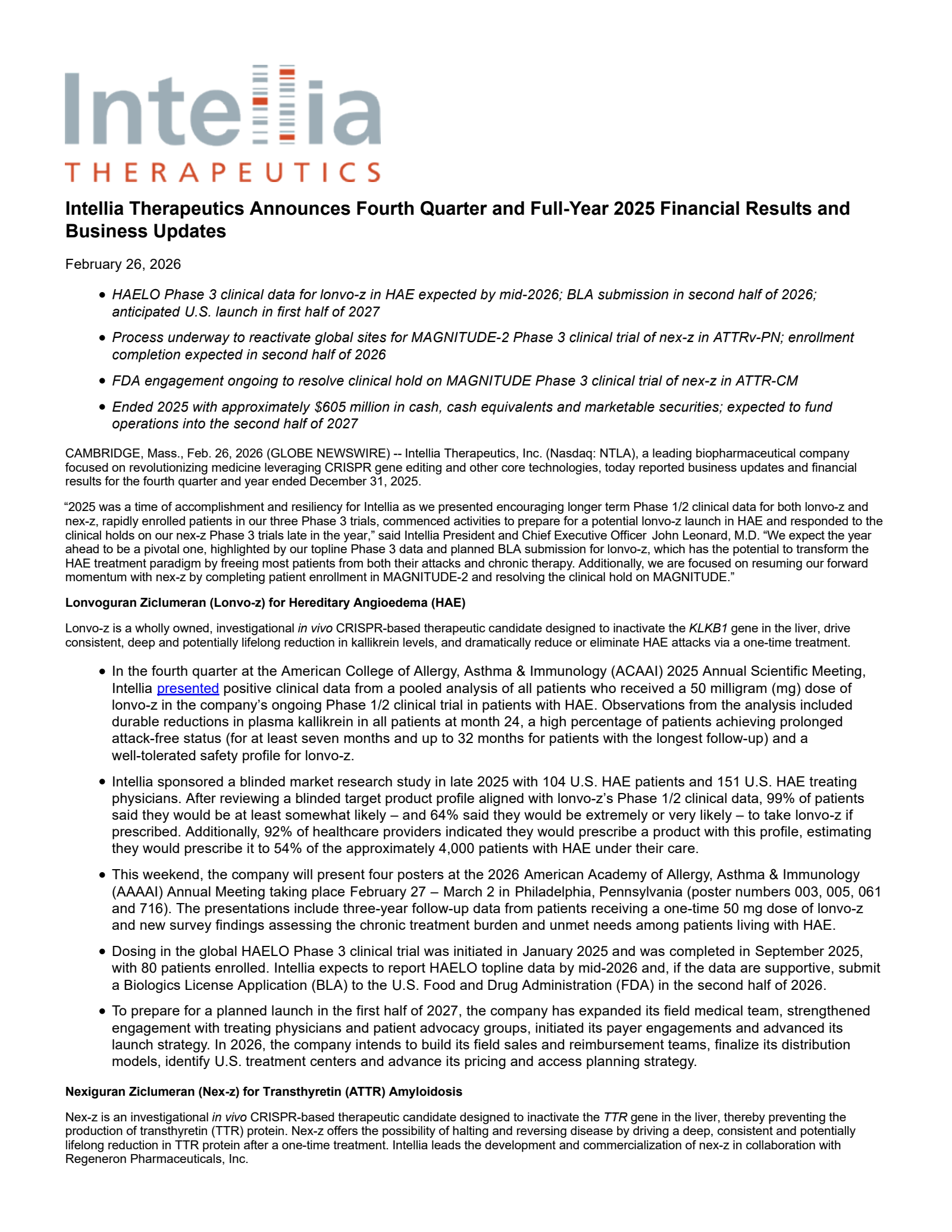 Intellia Therapeutics' Q4 2025 Press Release