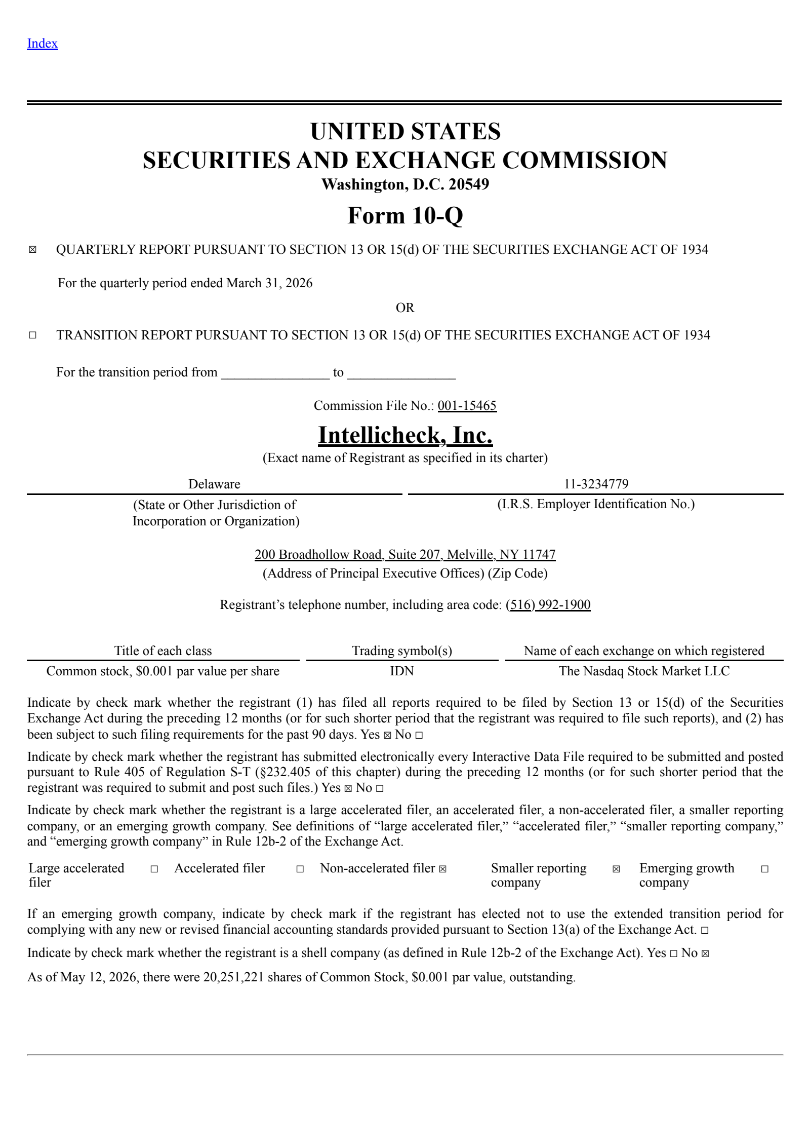 Intellicheck Mobilisa's Q1 2026 Quarterly report