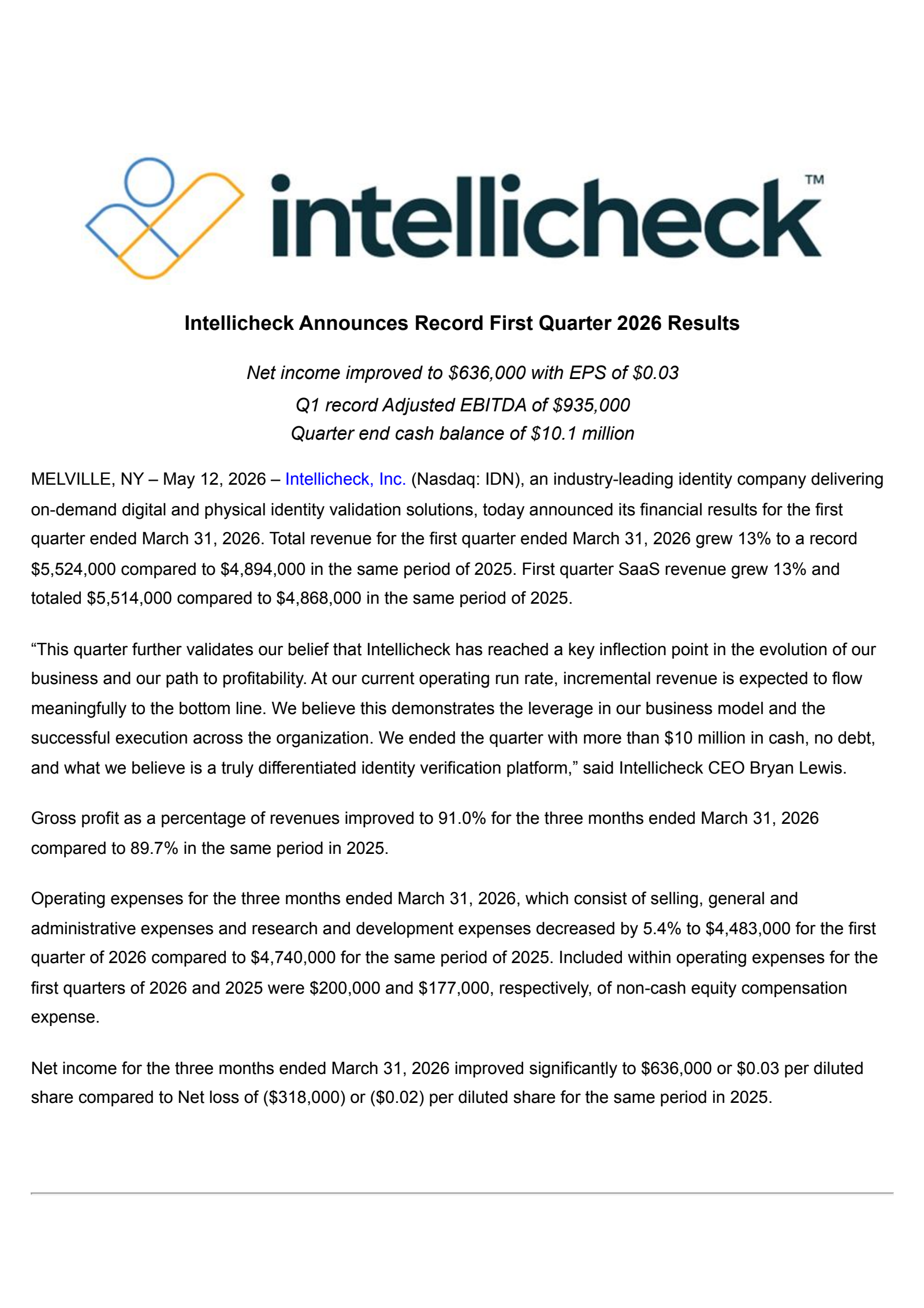 Intellicheck Mobilisa's Q1 2026 Press Release