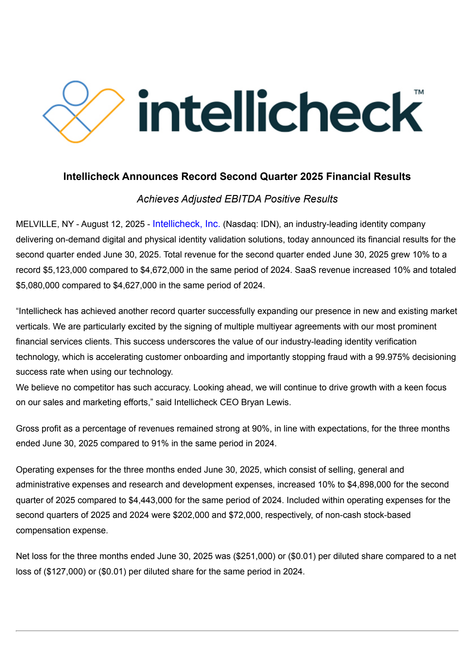 Intellicheck Mobilisa's Q2 2025 Press Release
