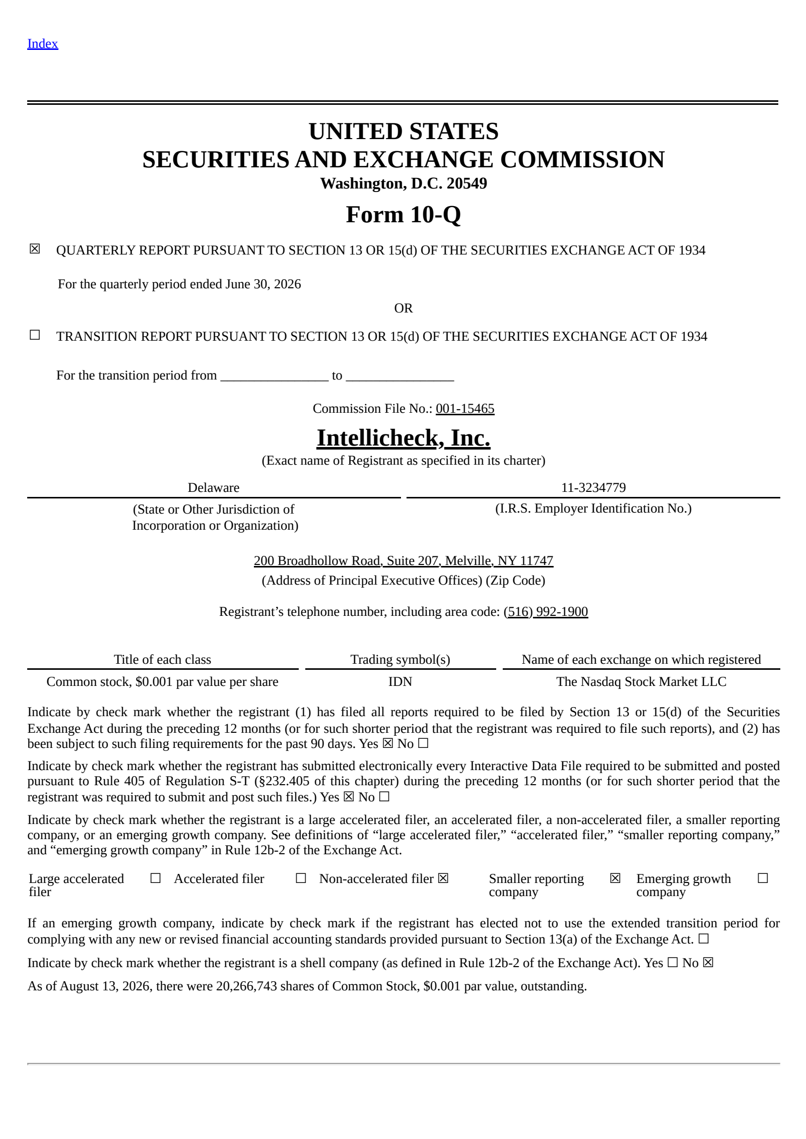 Intellicheck's Q2 2026 Quarterly report